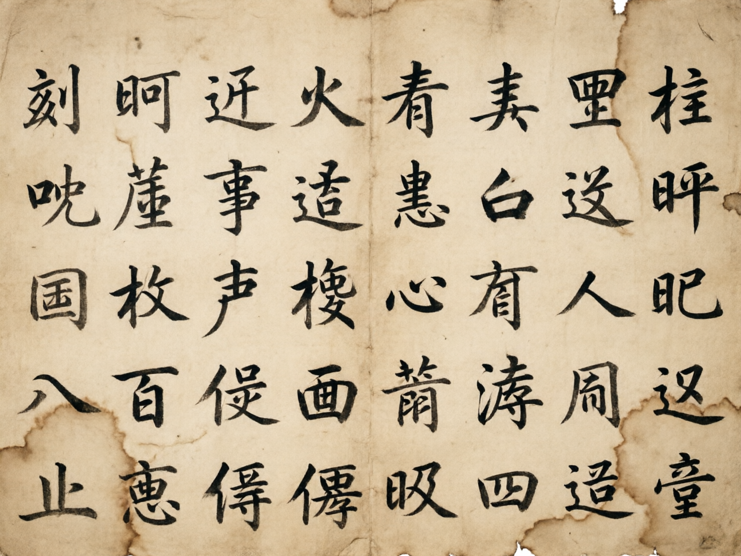 图中展示了一张仿古风格的宣纸，上面排列着五行八列的黑色毛笔书法字体。纸张呈现出陈旧的淡黄色，边缘有明显的深褐色水渍和不规则的破损痕迹，中间有一条垂直的折痕，营造出一种古籍残页的视觉感。字体风格接近楷书，笔触清晰，墨色浓淡适中。

然而，这张图片具有明显的 AI 生成缺陷：画面中的汉字绝大多数是“伪汉字”。虽然它们看起来由标准的汉字偏旁部首组成，但逻辑混乱，无法组成具有实际意义的词汇或句子。例如，有的字将不相关的部首强行拼凑，有的字笔画多余或缺失，甚至出现了结构完全错误的臆造字符。此外，纸张边缘的烧灼或水渍效果在局部显得过于生硬，缺乏自然纸张纤维的质感，文字的排列虽然整齐，但内容完全不通顺，属于典型的 AI 模拟书法形态而非真实文本。