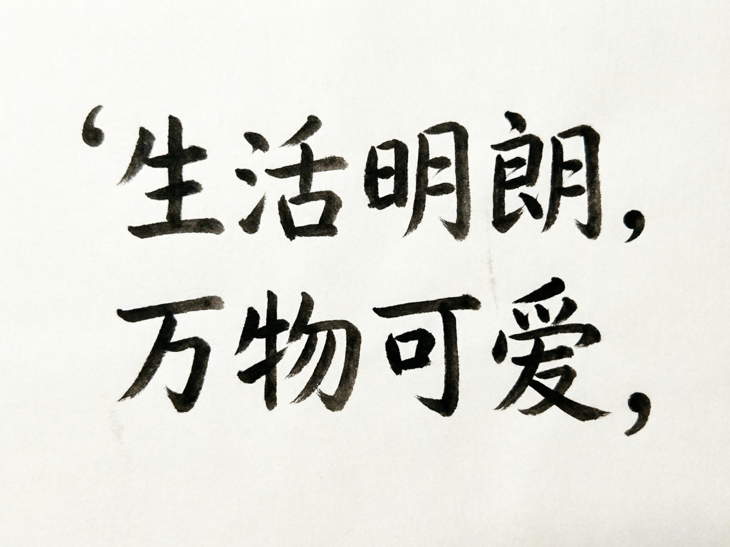 图中展示了一张以纯白色为背景的硬笔书法作品，文字内容分为上下两行排列。上行写着“生活明朗”，下行写着“万物可爱”，文字整体呈现出黑色墨水在纸张上自然晕染的质感，笔画有力且带有手写感。在第一行的开头有一个类似单引号的符号，而每行的末尾都跟随着一个逗号，这种标点符号的布局在传统书法中较为少见。画面构图简洁，文字居中，黑白对比鲜明。作为 AI 生成的图片，其主要缺陷体现在文字结构的逻辑性上：虽然汉字基本可辨认，但部分笔画存在不自然的扭曲，例如“朗”字的右半部分结构略显生硬，“爱”字的下半部分笔画交织模糊。此外，标点符号的使用逻辑不符合常规书写习惯，且纸张背景缺乏真实的纤维纹理，显得过于平整洁净。