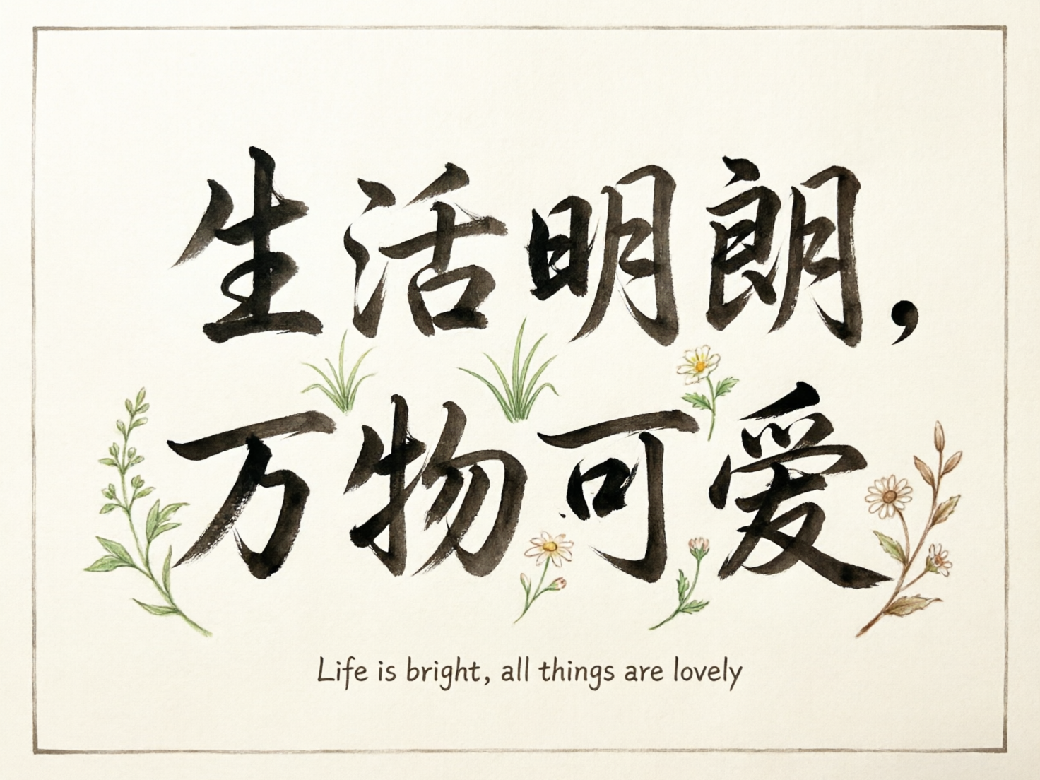 画面中是一张米白色背景的插画，整体风格清新简约，带有手绘水彩和书法质感。画面中心是两行黑色毛笔书法字体，内容为“生活明朗，万物可爱”，笔触苍劲有力且带有水墨的干湿变化。在文字下方，有一行较小的英文翻译：“Life is bright, all things are lovely”。文字周围点缀着几株淡雅的绿色草丛和白色小雏菊，色彩柔和。构图上，画面四周有一圈细细的灰色边框，整体布局平衡舒展。在 AI 生成的细节方面，可以观察到一些细微的逻辑异常：右下角的小雏菊枝干与花朵的连接处略显生硬，部分叶片的生长方向不太符合自然逻辑。此外，书法文字中的“明”字左侧“日”部和“朗”字右侧“月”部的内部横划略显模糊，呈现出一种 AI 模拟毛笔质感时产生的随机晕染痕迹。