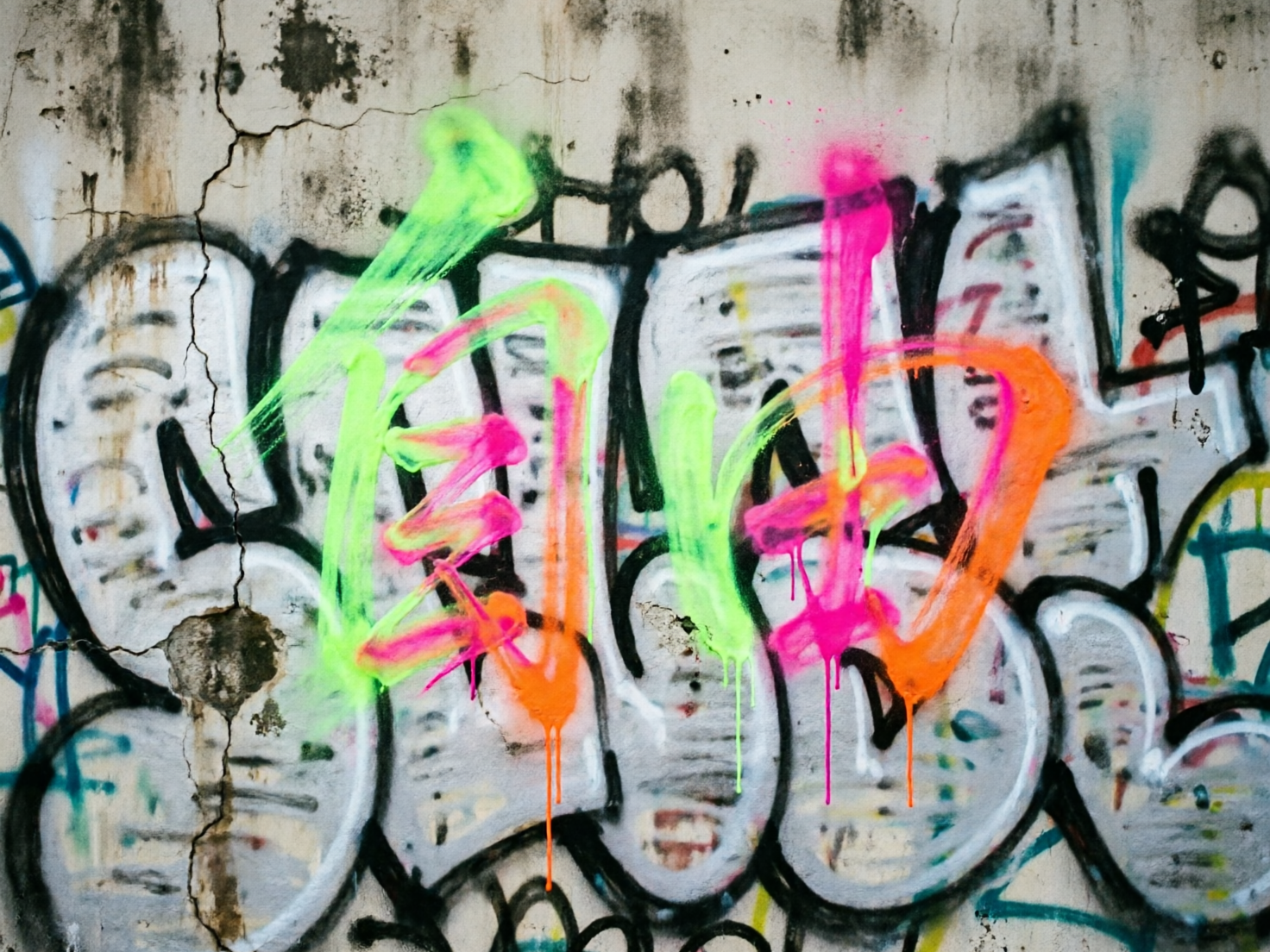 图中展示了一面充满街头艺术风格的陈旧水泥墙。画面中心是大幅的涂鸦作品，底层由粗犷的黑色线条勾勒出带有白色填充的泡泡字，背景墙面布满了斑驳的污渍、裂缝和自然的风化痕迹，呈现出一种粗砺的工业质感。在黑白底色之上，覆盖着鲜艳的荧光绿、亮粉色和橙色的喷漆线条，这些彩色线条呈现出半透明的质感，并伴有垂直向下的流漆效果，增加了画面的动感。

从 AI 生成的角度来看，画面存在明显的逻辑缺陷：最上层的彩色喷漆线条虽然试图模仿汉字“自由”，但笔画结构混乱，无法形成正确的字体，且线条末端的流漆效果分布不自然，显得过于刻意。此外，底部的黑色泡泡字内部填充了模糊且毫无意义的杂乱纹理，与真实的涂鸦喷涂效果不符。墙面左侧的裂缝在穿过涂鸦边缘时，透视关系显得有些生硬，缺乏真实物理环境下的深度感。