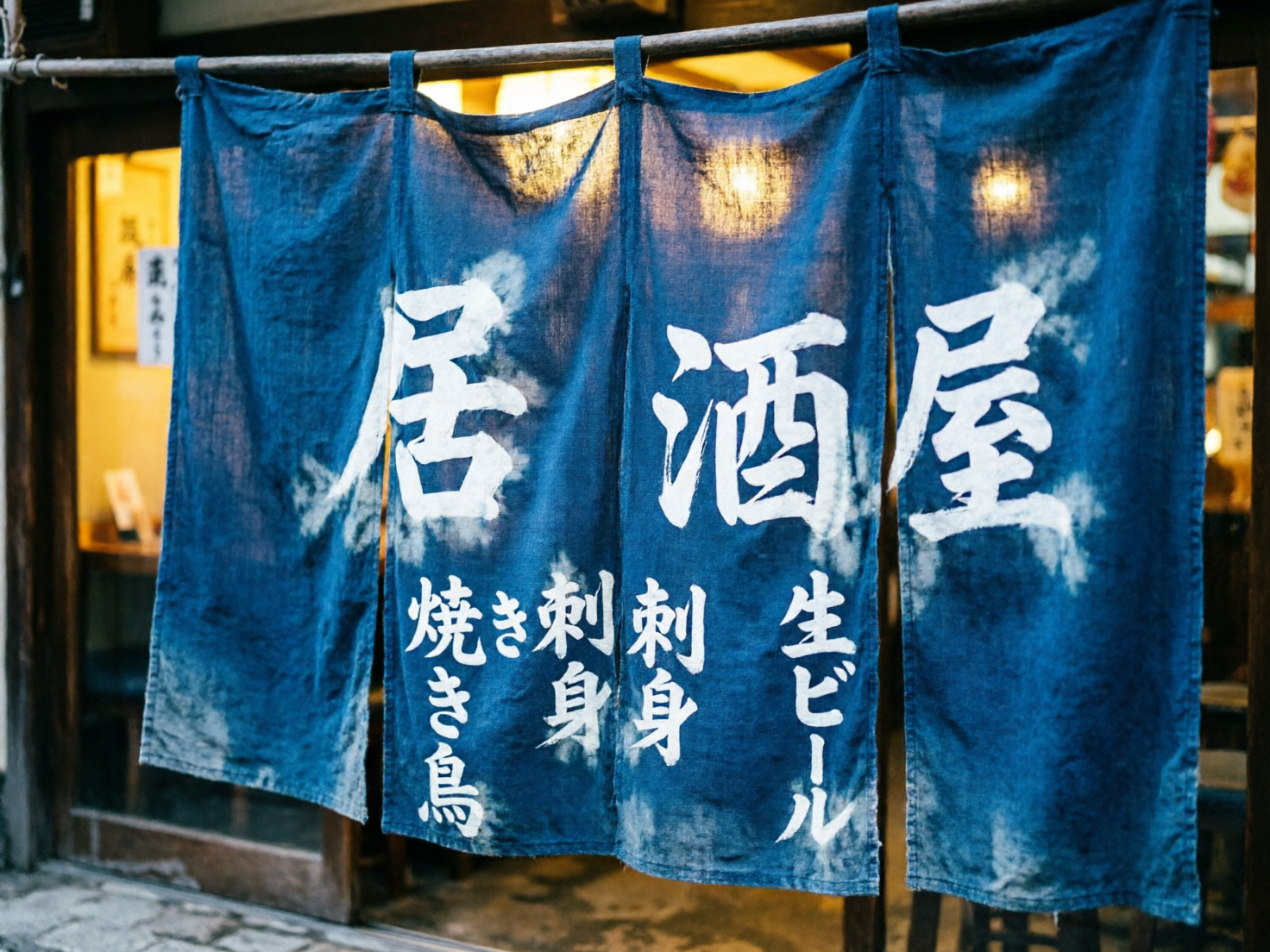 图中展示了一家日式居酒屋门前悬挂的深蓝色布帘（暖帘）。布帘由四块长方形的粗麻布组成，挂在一根横向的木杆上，质感略显陈旧且带有扎染般的白色斑驳纹理。布帘上用白色粗体书法写着“居酒屋”三个大字，下方则排列着较小的文字，如“刺身”、“生啤酒”等。背景是温暖的室内灯光，隐约可见木质桌椅，营造出一种深夜食堂的温馨氛围。然而，画面中存在明显的 AI 生成缺陷：布帘上的文字逻辑混乱，中间两块布帘上重复出现了“刺身”字样，且左侧的“焼き鳥”（烤鸡肉串）写法扭曲，部分笔画重叠或缺失。此外，支撑布帘的木杆在左侧边缘处显得模糊，与背景的衔接不够自然，布帘顶部的挂环数量与布块的分隔位置也略有错位。