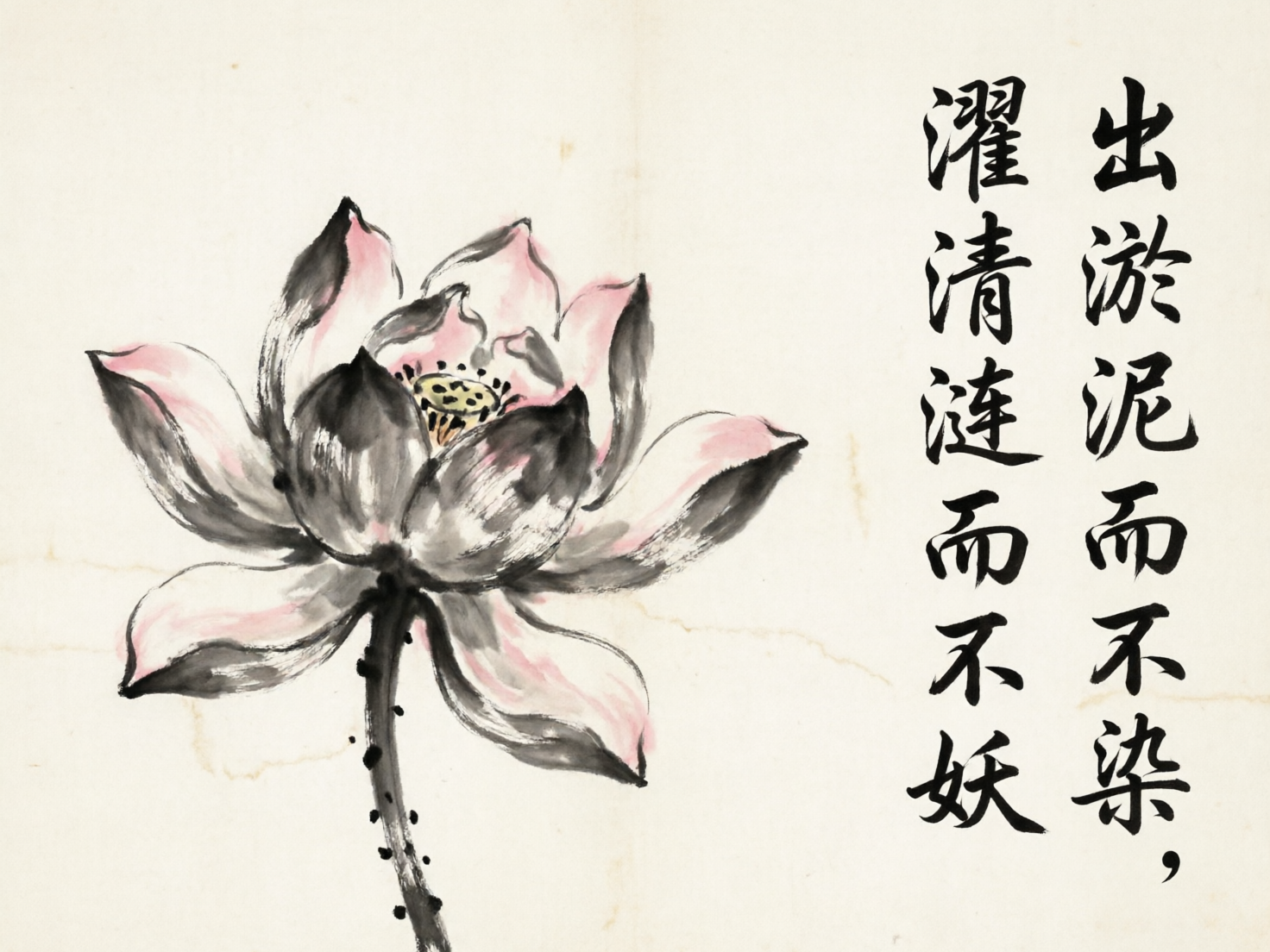 图中展现了一幅模仿中国传统水墨画风格的写意作品。画面左侧是一朵盛开的荷花，花瓣边缘点缀着淡淡的粉色，内部则以浓淡不一的水墨勾勒，中心隐约可见黄色的莲蓬。荷花下方连着一根带有墨点的花茎。画面右侧配有两列黑色的行书书法，文字内容为“出淤泥而不染，濯清涟而不妖”。背景是带有做旧质感的米白色宣纸底色，隐约可见一些水渍和折痕纹理。

在 AI 生成的细节方面，存在明显的逻辑缺陷：首先是文字部分，虽然字形模仿了书法，但多个汉字存在严重的笔画错误和结构畸变，例如“淤”、“染”和“濯”等字均无法完全辨识，属于典型的 AI 模拟文字失败。其次，荷花的结构略显生硬，花瓣的生长逻辑与真实植物有所出入，花茎上的墨点分布也显得较为机械，缺乏传统水墨画中自然灵动的韵味。