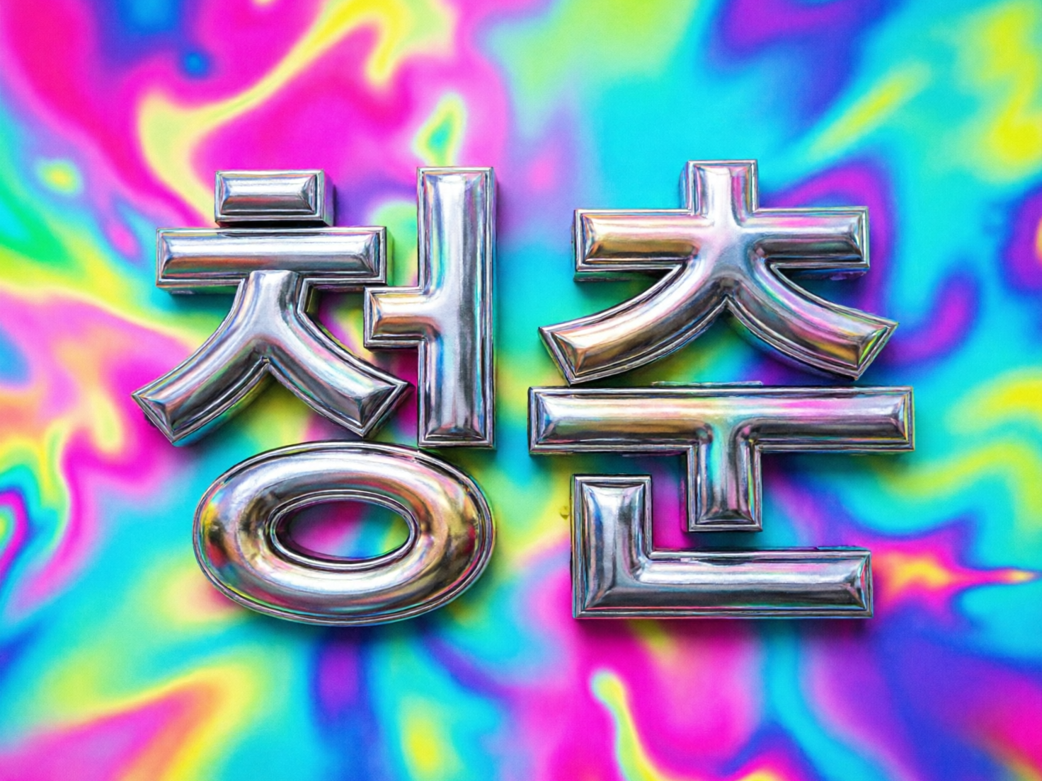图中展示了两个巨大的 3D 金属质感韩文字符，意为“青春”（청춘），它们占据了画面的中心位置。文字呈现出明亮的银色抛光金属质感，表面反射着周围绚丽的色彩，显得圆润且富有立体感。背景是极具视觉冲击力的迷幻风格，由亮粉色、青蓝色、明黄色和紫色交织而成的流体纹理，仿佛流动的颜料。整体构图对称，色彩饱和度极高，营造出一种充满活力和现代感的氛围。在 AI 生成的细节方面，可以观察到左侧字符底部的圆形结构边缘略显不规则，金属表面的反射光影逻辑在某些转折处不够自然，且背景的流体线条在靠近文字边缘时出现了轻微的模糊和锯齿感，这些是典型的 AI 渲染痕迹。