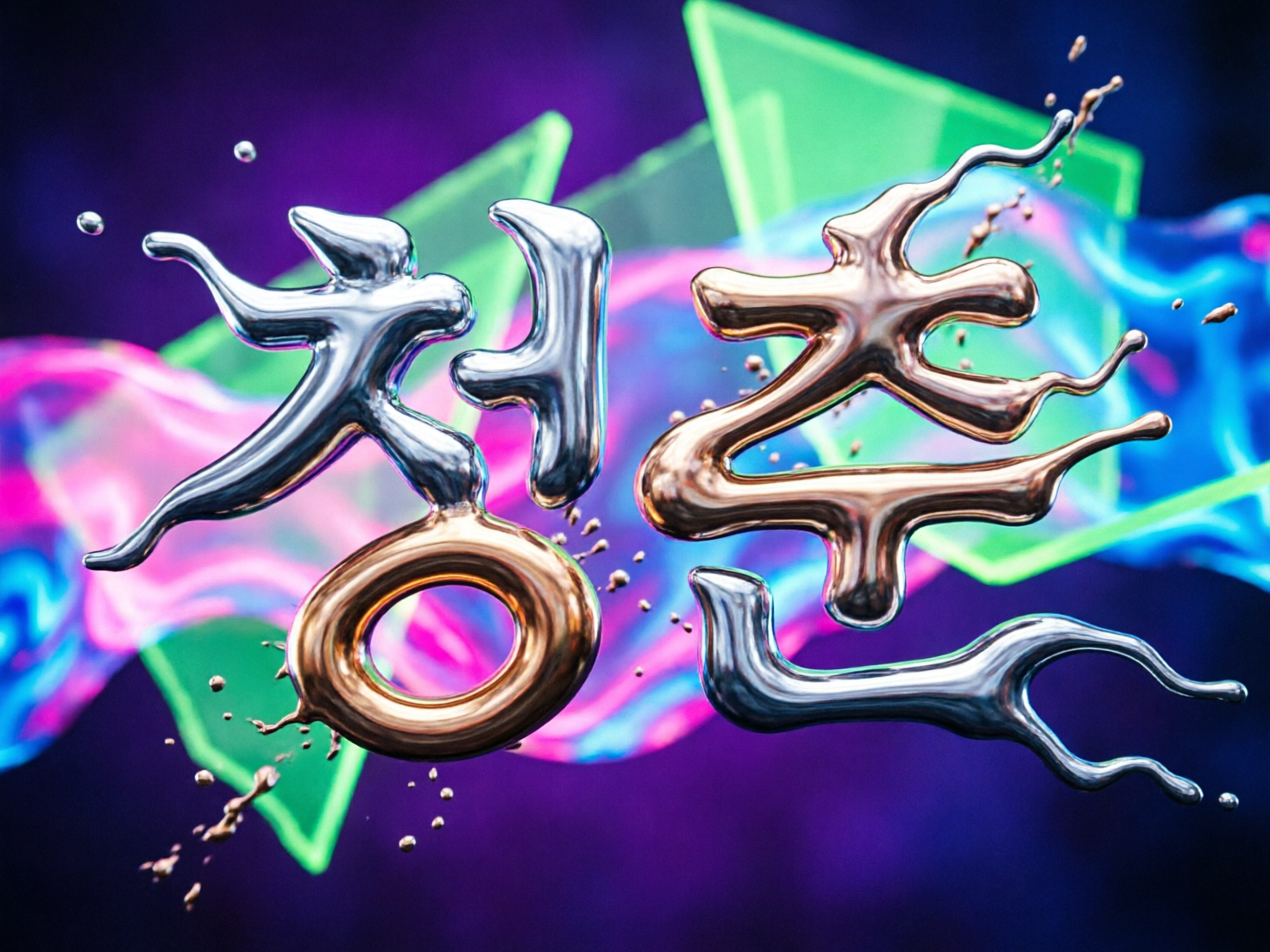 画面中呈现了一种极具动感的 3D 艺术风格，背景是深紫色的虚化空间，点缀着明亮的绿色三角形几何体和流动的粉蓝双色丝带。视觉中心是几个巨大的、具有金属质感的立体字符，看起来像是变形的韩文或汉字。这些字符由银色和古铜色的液态金属构成，表面圆润且反光强烈，仿佛正在空中融化或飞溅，四周散落着许多细小的金属液滴，营造出一种赛博朋克般的未来感。

作为 AI 生成的图像，画面存在明显的逻辑缺陷：首先，中间的字符结构非常混乱，笔画扭曲且相互融合，无法辨认出具体的文字含义，属于典型的 AI 无法准确生成特定文字的现象。其次，金属液滴的喷溅方向与字符的流动趋势并不完全一致，物理透视略显生硬。此外，背景中的绿色三角形边缘过于锐利，与前景柔和的液态金属在景深融合上显得有些突兀。