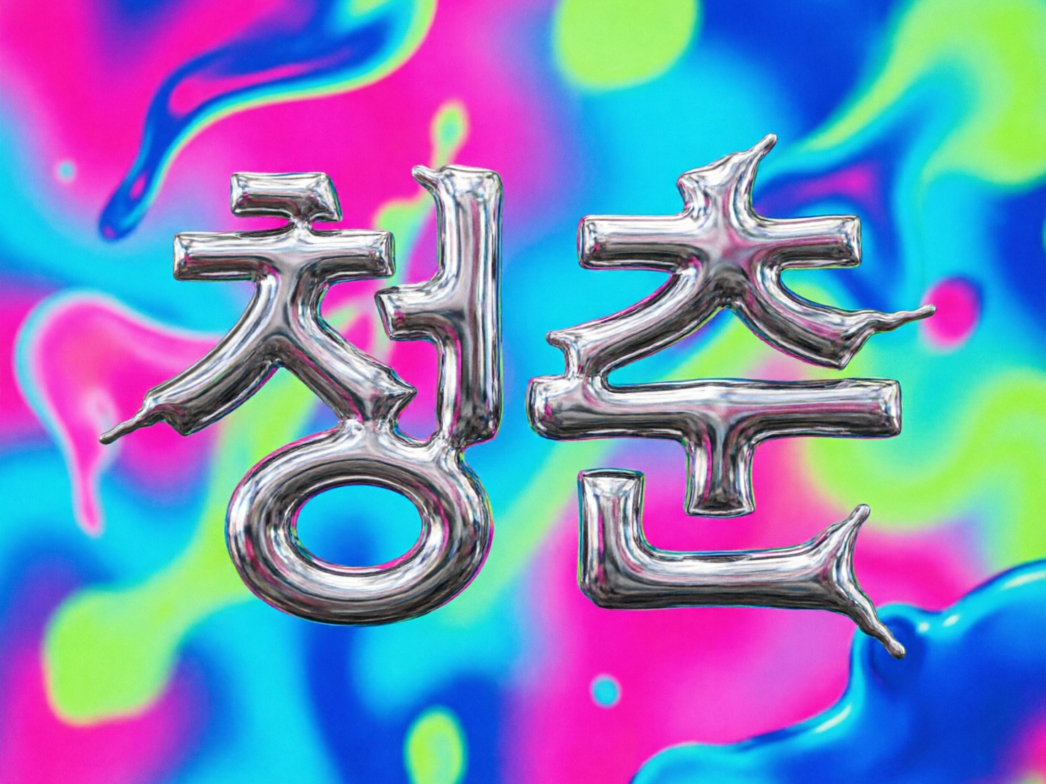 图中展示了两个巨大的 3D 金属质感韩文字符，位于画面的中心位置。这两个字呈现出类似液态水银或抛光铬金属的效果，表面高度反光，映射出周围环境的色彩。背景是由明亮的荧光粉、宝蓝色和柠檬绿组成的流体渐变色，色彩交织在一起，呈现出一种迷幻且动感的视觉风格。构图简洁，文字占据了视觉重心，整体色调极其鲜艳夺目。在 AI 生成的细节方面，可以观察到明显的逻辑缺陷：左侧字符的笔画末端出现了不自然的尖锐突起，仿佛金属在向外渗漏；右侧字符的结构存在严重的形变，部分笔画融合在一起，且末端出现了类似融化滴落的异形分叉，不符合标准韩文的字形结构。此外，金属表面的反射光影虽然丰富，但缺乏明确的光源逻辑，显得有些杂乱。