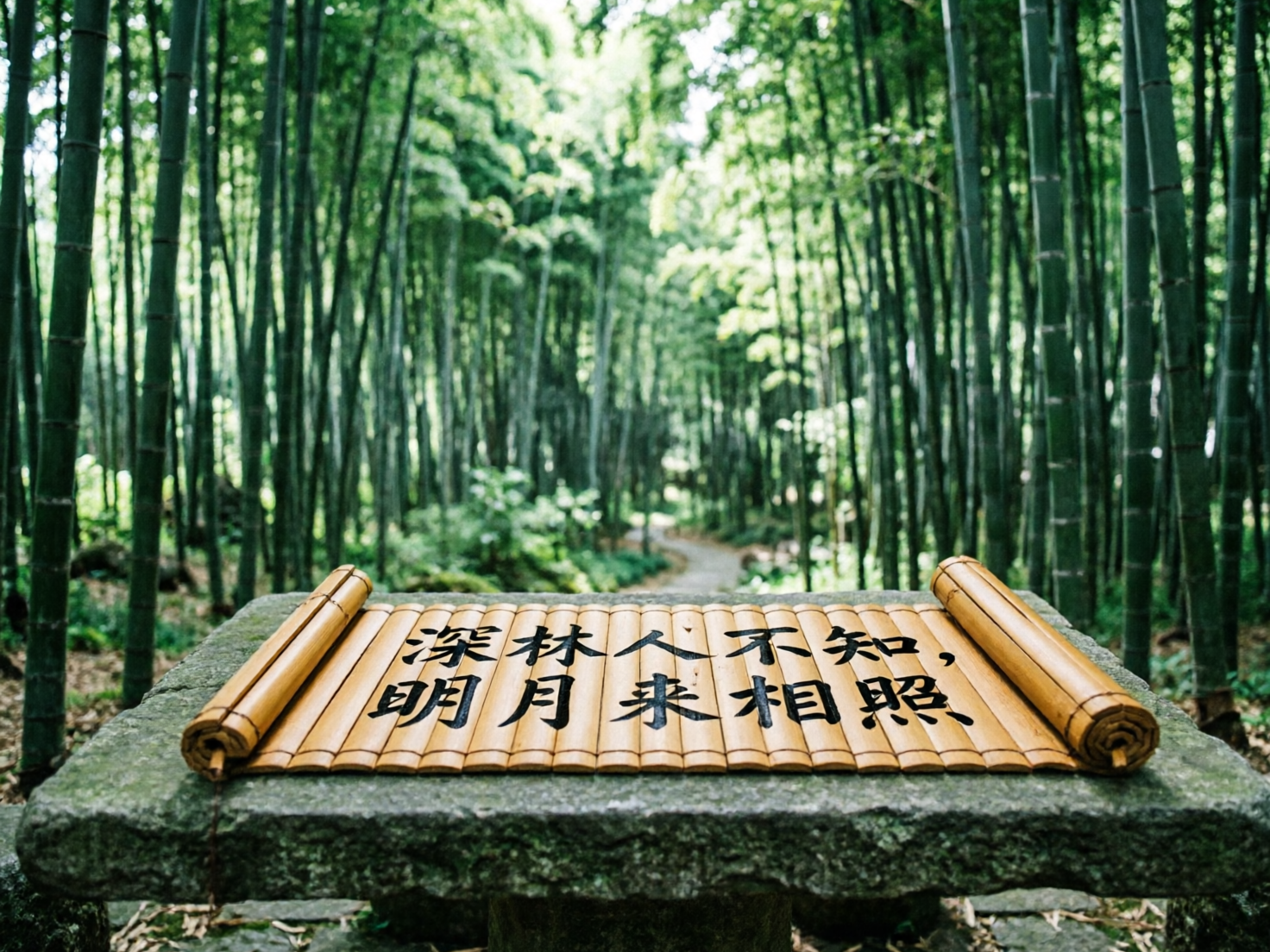 图中展现了一幅宁静的竹林景观。画面前景是一个粗糙的灰色石台，台上平铺着一副展开的黄色竹简，竹简两端卷起，上面用黑色隶书写着王维的诗句“深林人不知，明月来相照”。背景是茂密翠绿的竹林，阳光从竹叶缝隙间洒下，形成明亮的斑驳光影，林间有一条蜿蜒的小径向深处延伸，整体色调以清新的绿色和温暖的木色为主。在 AI 生成的细节方面，存在明显的逻辑缺陷：首先，竹简上的文字是横向排列的，这不符合古代竹简纵向书写的传统习惯；其次，文字像是直接悬浮或粘贴在竹片表面，没有随竹片的凹凸起伏产生自然的透视或形变；最后，背景中部分竹子的生长方向略显杂乱，石台边缘的纹理处理也显得有些生硬，缺乏真实的厚重感。