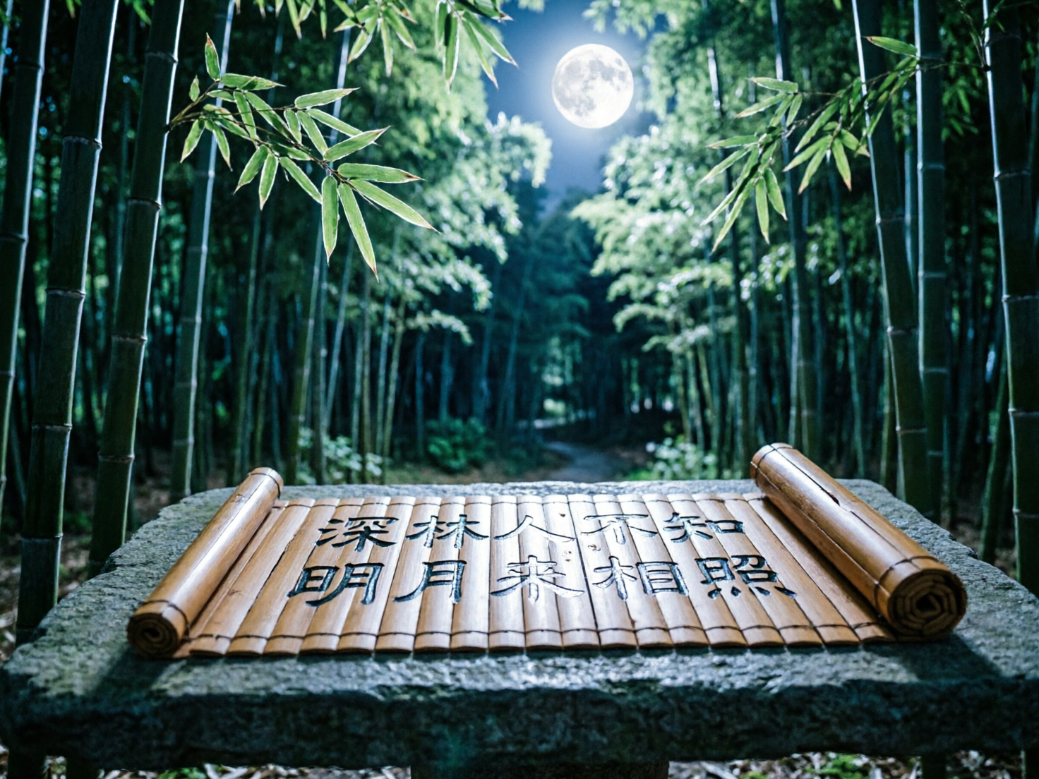 图中展现了一个静谧的深夜竹林场景。画面前景是一张粗糙的青灰色石台，台上平铺着一幅展开的棕褐色竹简，竹简上刻有两行黑色的简体中文字：“深林人不知，明月来相照”。背景是密集的翠绿竹林，一条幽深的小径向远处延伸。天空中悬挂着一轮圆润明亮的满月，散发出清冷的白光，照亮了竹叶的边缘。构图采用中心对称视角，营造出一种宁静的古风意境。

在 AI 生成细节方面，画面存在明显的逻辑与文字缺陷：竹简上的文字排列并不符合古代竹简从右向左、单行单列的书写习惯，且文字跨越了竹片的缝隙，显得不够自然；竹简右侧的卷轴部分结构模糊，纹理衔接生硬；此外，背景中月亮周围的光晕处理较为简单，与竹林间的光影投射关系略显违和，缺乏真实的光学透视感。