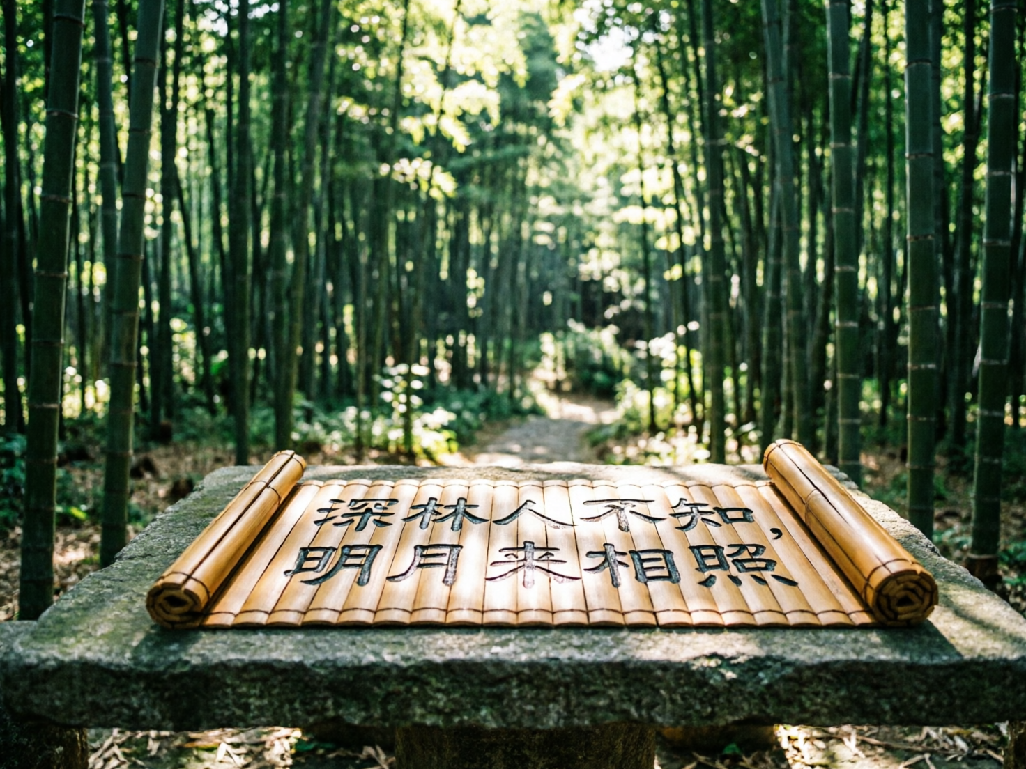 图中展示了一个宁静的竹林场景。画面前景是一块粗糙的灰色石台，台上平铺着一副展开的竹简。竹简色泽金黄，上面刻有两行黑色的简体中文字符，内容为王维的诗句“深林人不知，明月来相照”。背景是茂密的翠绿竹林，阳光穿过竹叶缝隙，在地面和竹简上洒下斑驳的光影，营造出一种清幽的意境。构图采用中心对称，视线从前景的竹简延伸至远方模糊的林间小径。

在 AI 生成的细节方面，存在明显的逻辑错误：首先，竹简上的文字出现了严重的拼写和笔画错误，第一句本应是“深林人不知”，图中却误写成了“探林人不知”，且“探”字的笔画结构扭曲；其次，竹简的构造不符合物理常识，左右两端的卷轴部分呈现出不自然的螺旋状堆叠，且竹片的连接处显得模糊生硬；最后，背景中部分竹竿的生长方向和粗细变化略显突兀，缺乏真实的透视感。