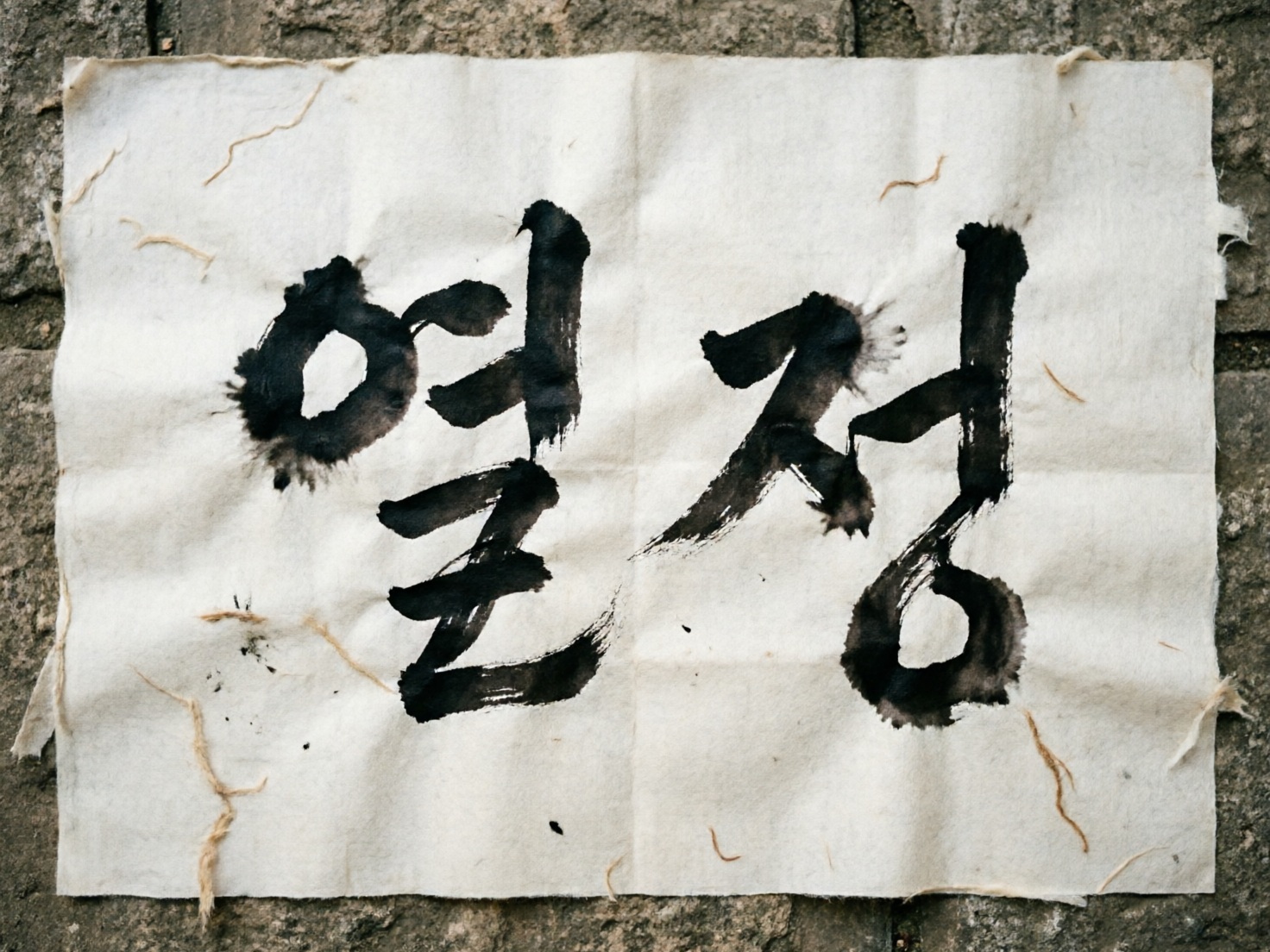 图中展示了一张贴在粗糙石墙上的米白色手工纸，纸张表面带有明显的褶皱和纤维质感。纸上用黑色毛笔书法书写了两个韩文字符“열정”（意为“热情”）。墨迹呈现出浓淡不一的层次感，边缘带有自然的晕染和飞白效果，整体构图居中，色调沉稳且具有古朴的艺术气息。

作为一张 AI 生成的图片，画面中存在一些明显的逻辑缺陷：首先，纸张边缘的纤维撕裂感显得过于刻意且分布不自然，部分纤维像是悬浮在纸面上而非生长其中；其次，左侧字符的笔画结构存在异常，下半部分的横折钩显得扭曲且不符合常规书法逻辑；此外，纸张与背景石墙的衔接处缺乏真实的阴影投射，使得纸张看起来像是生硬地“漂浮”在墙面上，缺乏空间透视的真实感。