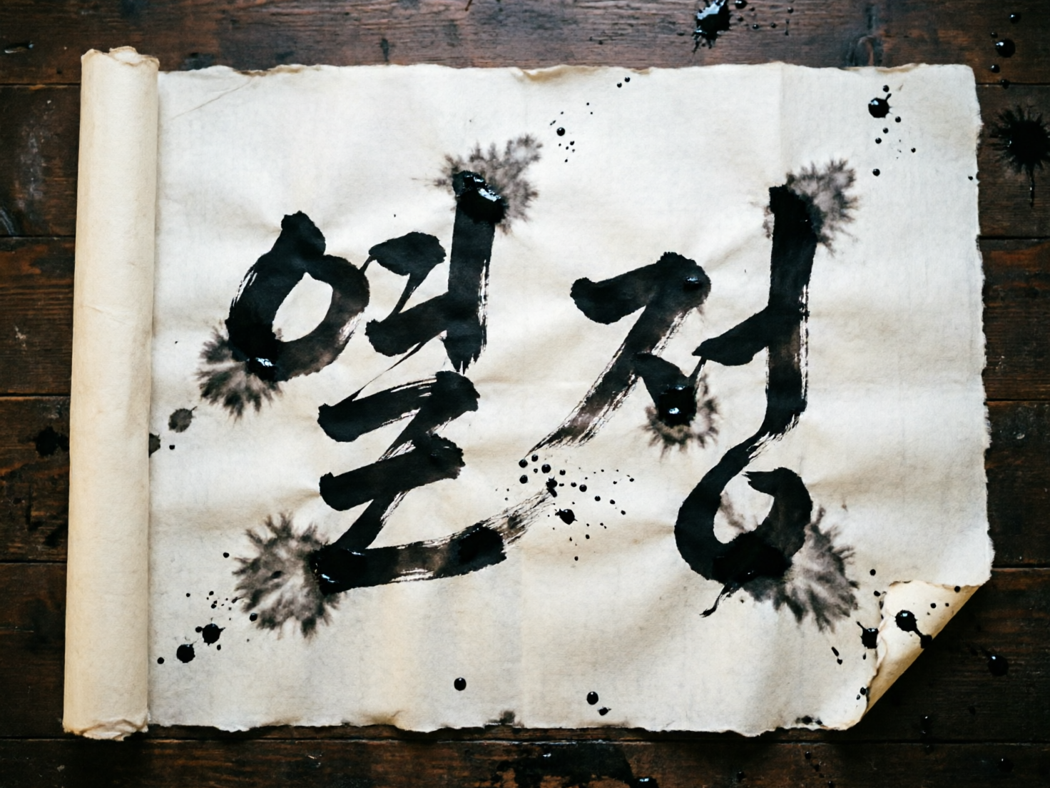 图中展示了一张铺在深色木质桌面上的复古卷轴，卷轴上书写着黑色水墨风格的韩文字符。卷轴呈现米白色，质感粗糙且边缘不整齐，左侧保留着卷起的形状，右下角微微翘起。画面中心是两个巨大的黑色书法字体，笔触苍劲有力，带有明显的飞白效果。字符周围散布着许多大小不一的墨迹滴溅和晕染开的墨团，营造出一种随性且具有艺术感的氛围。背景的木桌纹理清晰，颜色深沉，与浅色的纸张形成鲜明对比。

在 AI 生成的细节方面，画面存在一些逻辑异常：首先，字符的笔画结构并不完全符合标准的韩文规范，显得有些扭曲且难以辨认，属于典型的 AI 模拟文字错误。其次，墨迹的晕染效果分布过于均匀且对称，部分墨点悬浮在纸张边缘之外的虚空中，与物理常识不符。此外，卷轴左侧的卷起部分透视略显生硬，与平铺部分的衔接不够自然。