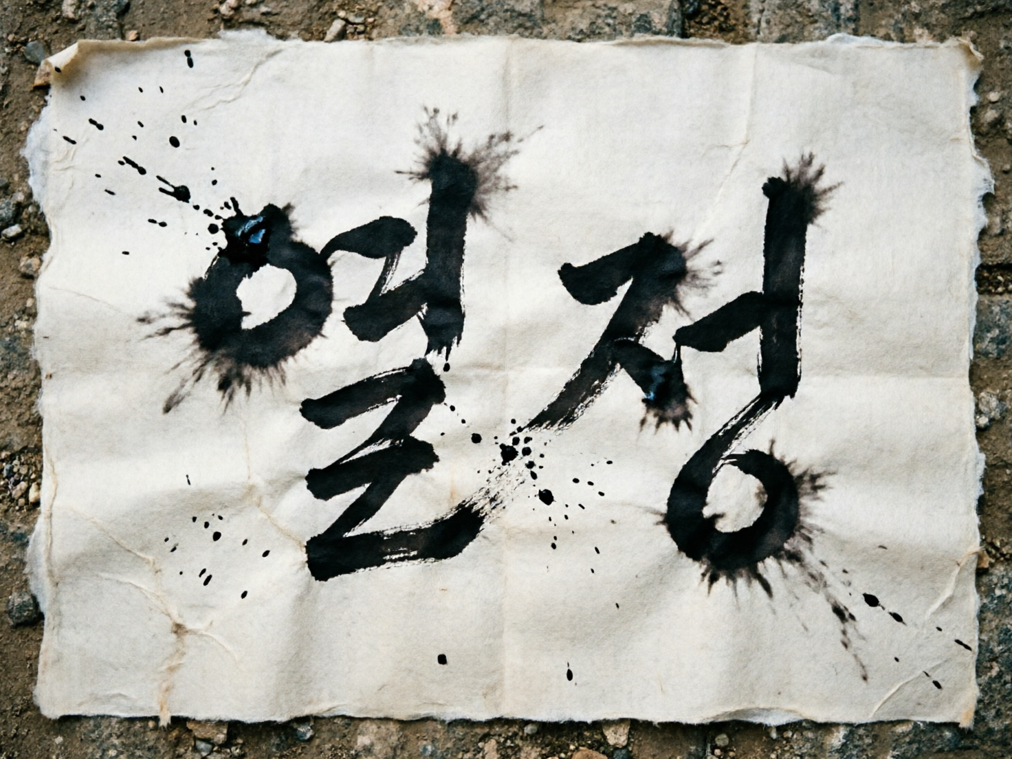 图中展示了一张铺在粗糙泥土地面上的米白色手工纸，纸张边缘不规则且带有毛边，表面有明显的折痕和褶皱。纸上用黑色墨水书写着两个巨大的韩文字符“열정”（意为“热情”）。书法风格狂放有力，笔触末端带有大量的墨水飞溅和晕染效果，仿佛是毛笔重重落下时溅出的痕迹。整体色调以黑、白、褐为主，构图居中，呈现出一种原始且充满张力的艺术感。在 AI 生成的细节方面，可以观察到明显的逻辑缺陷：部分墨迹的飞溅方向与笔画的运笔轨迹不符，显得有些生硬；文字的结构在书法逻辑上略显扭曲，并非真实的毛笔书写习惯；此外，纸张左侧的墨点分布过于细碎且规律，带有明显的数字生成痕迹，缺乏自然泼墨的随机感。