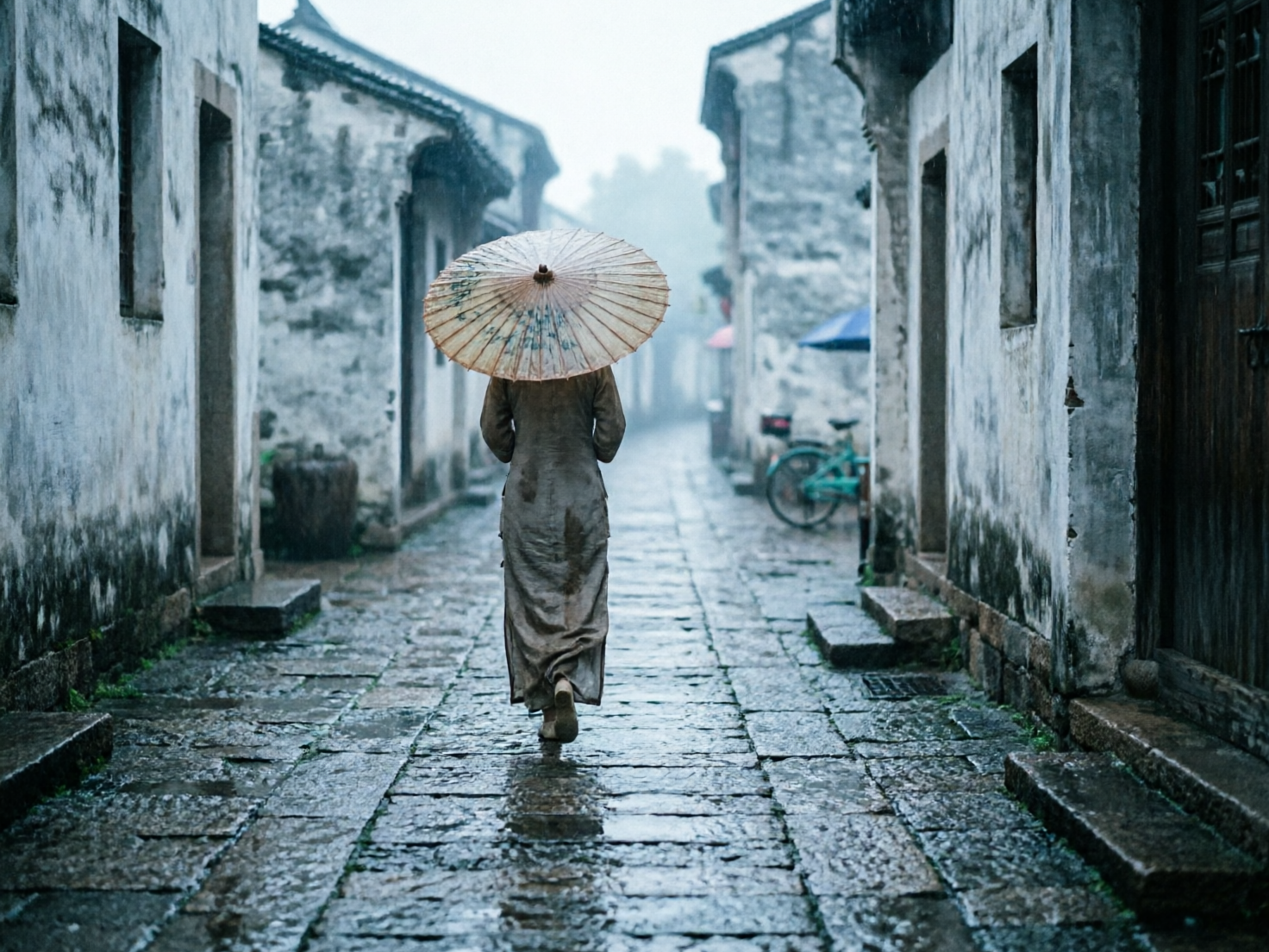 图中展现了一个充满诗意的江南水乡雨景。画面中心是一位身着灰褐色中式长袍的背影，正撑着一把古朴的油纸伞，独自行走在湿漉漉的青石板小巷中。街道两旁是白墙黛瓦的传统民居，墙面斑驳，透出岁月的痕迹。整体色调偏冷，以青灰色和灰白色为主，营造出一种静谧、忧郁的烟雨氛围。构图采用纵深透视，视线随着人物向巷子深处延伸，远方笼罩在朦胧的雾气中。在 AI 生成的细节方面，存在一些明显的逻辑缺陷：人物右侧背景中出现了一辆现代风格的青绿色自行车，其造型与古镇环境略显违和；仔细观察人物的脚步，其右脚落地的姿态与地面接触点显得有些生硬，缺乏自然的重力感；此外，油纸伞边缘的骨架分布在局部略显不均匀，且人物长袍下摆的褶皱纹理在靠近地面的位置处理得不够细腻，存在轻微的结构模糊。