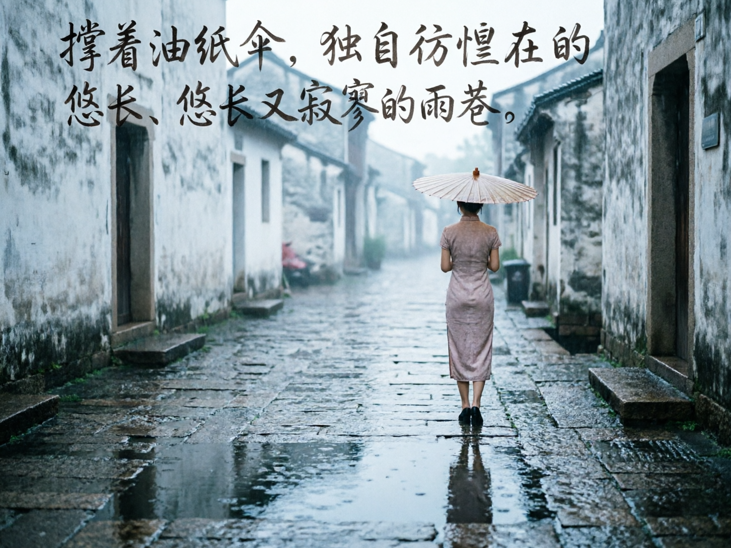 图中展现了一个充满江南水乡韵味的雨天场景。画面中心是一位身着淡粉紫色旗袍的女性背影，她正撑着一把浅色的油纸伞，独自走在湿漉漉的青石板小巷中。小巷两旁是白墙黛瓦的传统中式建筑，墙面带有斑驳的岁痕迹，整体色调偏冷，营造出一种忧郁而悠远的意境。图片上方配有黑色的手写体文字，引用了戴望舒《雨巷》中的经典诗句。在 AI 生成的细节方面，存在明显的逻辑缺陷：女子撑伞的手部姿势异常，伞柄似乎直接消失在肩部或与身体融合，缺乏真实的握持感；同时，地面石板的倒影与人物脚步的位置略显生硬，远处的建筑线条在烟雨模糊中显得有些扭曲，不够自然。尽管如此，画面依然成功捕捉到了诗歌中那种寂寥而优美的氛围。