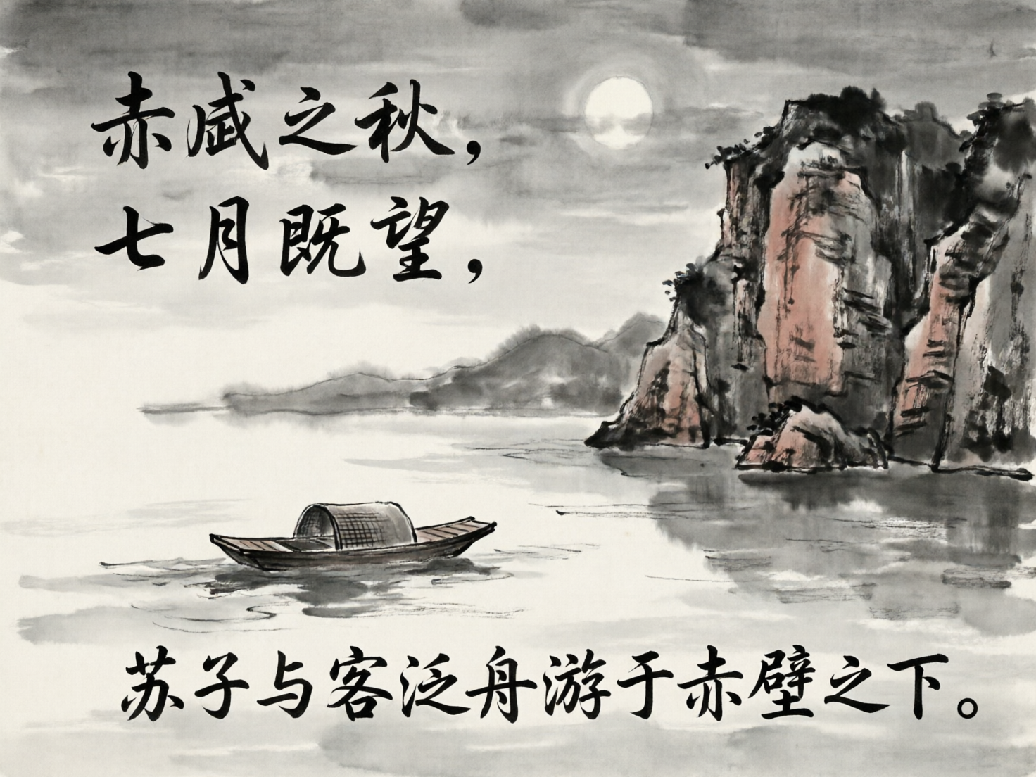 图中是一幅模仿中国传统水墨画风格的艺术作品，描绘了苏轼《赤壁赋》中的经典意境。画面整体色调以黑、白、灰为主，辅以淡淡的赭石色勾勒山石。构图上，右侧是一座陡峭的红褐色岩壁，临水而立；左侧是一片开阔的水面，一只带篷的小木船正孤零零地漂浮在江心。天空中悬挂着一轮朦胧的圆月，云气缭绕，营造出一种清冷肃穆的夜晚氛围。画面上方和下方分布着黑色的书法字体，文字内容引用了《赤壁赋》的开头。

作为 AI 生成的图片，画面中存在明显的逻辑缺陷：首先是文字错误，第一行本应为“壬戌之秋”，却被错误地生成为“赤戌之秋”，且字迹粗细不一，缺乏真实书法的韵味；其次，虽然文字提到“苏子与客泛舟”，但画面中的小船内空无一人，并没有画出人物形象；此外，水面的波纹处理较为生硬，与船身的透视关系略显脱节，缺乏自然流动的质感。