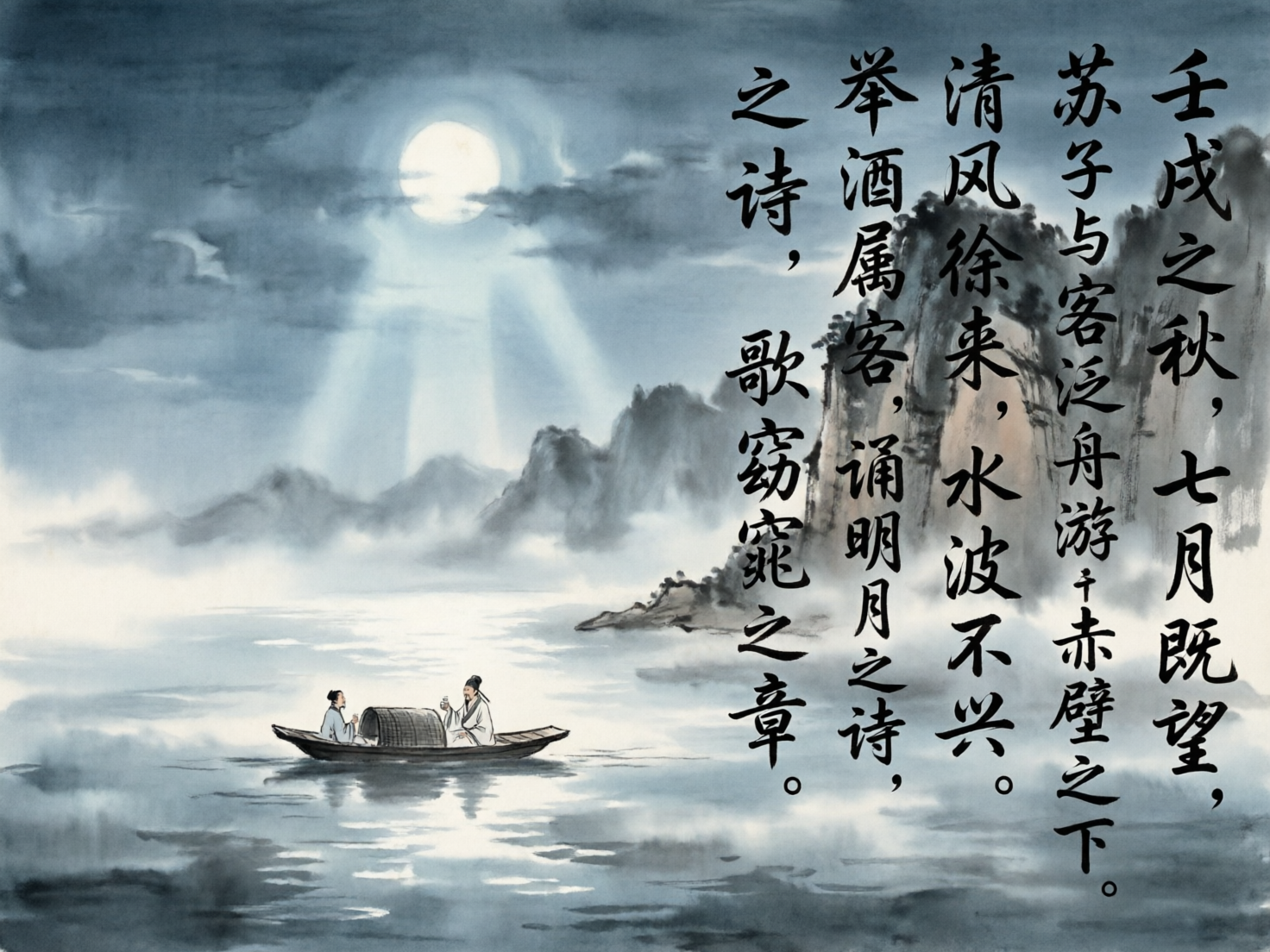 图中展现了一幅具有中国水墨画风格的场景，描绘了苏轼《赤壁赋》中的意境。画面左侧是一片开阔的水域，一叶扁舟孤零零地漂浮在平静的江面上，船上有两名穿着古装的男子正对坐饮酒交谈。上方是一轮明亮的圆月，月光穿透云层投射下几道明显的光柱，远景是层峦叠嶂的群山，笼罩在淡淡的迷雾中。画面右侧占据约三分之一空间的是竖排书写的行书文字，内容为《赤壁赋》的开头片段。整幅画以灰蓝、黑、白为主调，营造出一种清冷、宁静的夜晚氛围。

在 AI 生成的细节方面存在一些明显的逻辑缺陷：首先，月亮投射出的光柱过于笔直且生硬，不符合自然光影规律；其次，右侧的文字虽然字迹清晰，但部分笔画结构略显怪异，且文字与背景山体的空间关系处理得不够自然，像是直接覆盖在山石之上；最后，船上人物的五官和手部细节比较模糊，缺乏水墨画应有的神韵。