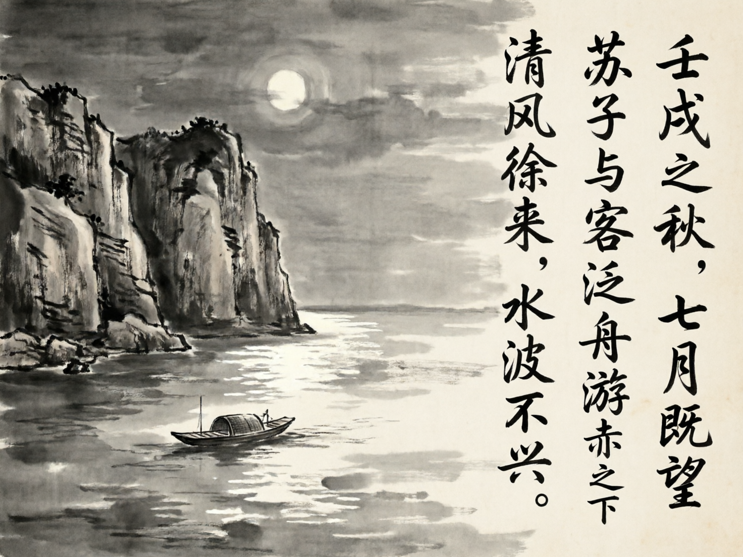 图中展现了一幅仿传统水墨画风格的风景作品，描绘了苏轼《赤壁赋》中“月夜泛舟”的意境。画面左侧是陡峭的墨色山峦，笔触粗犷，展现出岩石的纹理；山脚下一叶扁舟静静漂浮在水面上，船上带有半圆形的顶篷。天空中挂着一轮圆月，月光在层云中穿透，并投射在微波荡漾的水面上，形成一道明亮的倒影。画面右侧留白，竖排书写着三行简体中文书法，文字内容为《赤壁赋》的名句。整幅画以黑、白、灰三色为主，营造出一种宁静而深远的诗意氛围。在 AI 生成的缺陷方面，文字虽然清晰可辨，但书法笔画略显生硬，缺乏传统毛笔书写的自然韵味和连贯性；此外，船只的比例与远景山脉相比略显突兀，水面的波纹处理在光影衔接处也稍显机械，缺乏水墨画特有的晕染层次感。