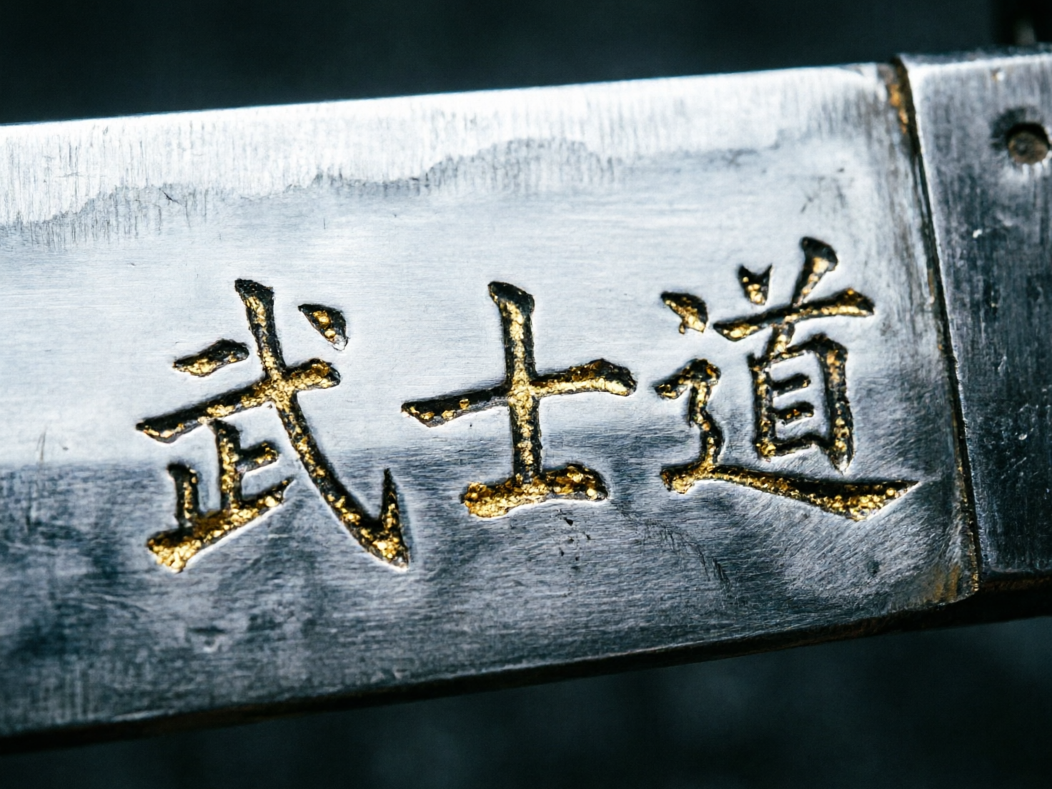 图中展示了一把金属刀剑的局部特写，焦点集中在刀身侧面刻有的三个汉字“武士道”上。刀身呈现出带有拉丝质感的银灰色金属光泽，表面分布着细微的划痕和磨损痕迹，营造出一种冷峻且历经沧桑的氛围。这三个汉字采用了凹刻工艺，字迹内部填充了斑驳的金色材质，仿佛是镶嵌的金箔，在光线下闪烁着细碎的亮光。构图上，刀身横向贯穿画面，背景模糊处理，突出了刻字的立体感。

在 AI 生成的细节方面，存在明显的文字结构缺陷：第一个“武”字的笔画逻辑混乱，左侧部分与右侧的斜钩交织不清，缺乏正确的书法结构；中间的“士”字横笔显得生硬且比例失调；第三个“道”字的偏旁“辶”与右侧的“首”部连接处模糊且扭曲，字形显得极不自然。此外，金属表面的纹理在边缘处略显虚化，缺乏真实锻造的物理逻辑。