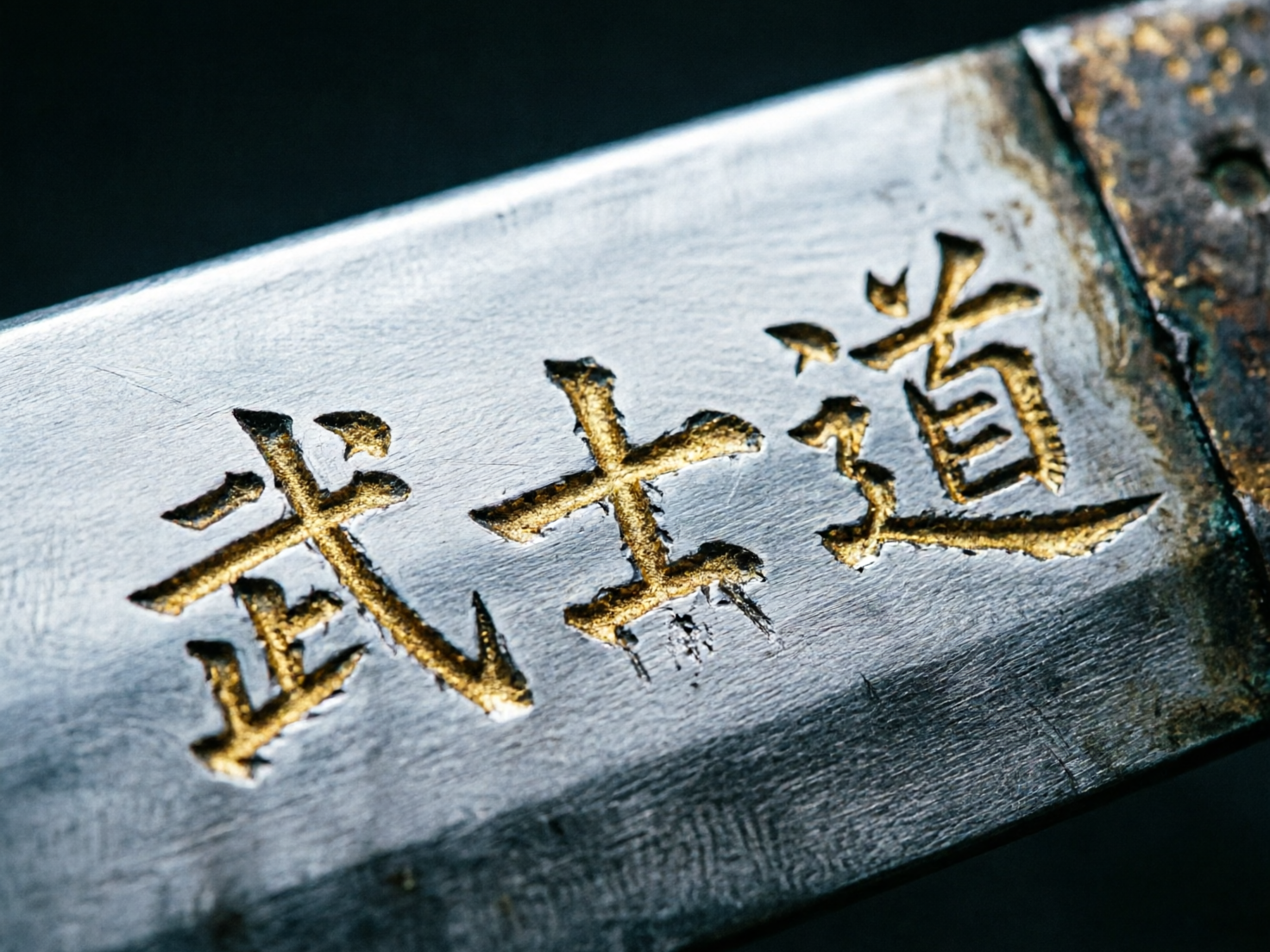 画面中是一张近距离特写摄影图，展示了一把金属刀剑的局部。刀身呈银灰色，带有明显的拉丝质感和细微的划痕，右上角露出了一部分锈迹斑斑的护手或刀柄连接处。画面中心横向刻有三个繁体汉字“武士道”，字体呈现出凹陷的雕刻效果，内部填充了斑驳的金色涂料，显得古朴而厚重。构图采用斜向对角线分布，背景深暗且模糊，突出了刀刃的金属冷硬感。在 AI 生成缺陷方面，文字的笔画细节存在明显的逻辑错误：例如“武”字的钩画末端出现了不自然的断裂与重叠，“士”字下方出现了多余的杂乱刻痕，而“道”字的走之底形状扭曲，且偏旁与主字之间的连接处模糊不清，这些痕迹不符合真实手工雕刻或机械加工的规律。