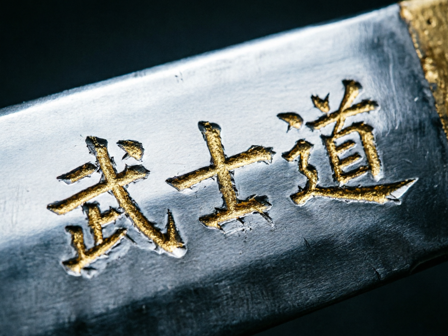 图中展示了一把金属刀剑刃部的特写镜头。画面主体是银灰色的金属表面，上面刻有三个金色的汉字“武士道”。这些字体呈现出一种凹陷的雕刻质感，内部填充了粗糙的金色涂料，与周围带有拉丝纹理的冷色调金属形成鲜明对比。构图采用对角线分布，刀刃从左上向右下延伸，背景为深沉的黑色，增强了金属的冷峻感。在 AI 生成的细节方面，可以观察到明显的逻辑缺陷：文字的笔画结构显得扭曲且不规范，尤其是“武”字和“道”字的笔画连接处模糊不清，缺乏真实书法或机械雕刻的严谨性。此外，文字边缘的金属破损痕迹分布不自然，看起来更像是随机生成的杂乱纹理而非真实的磨损。