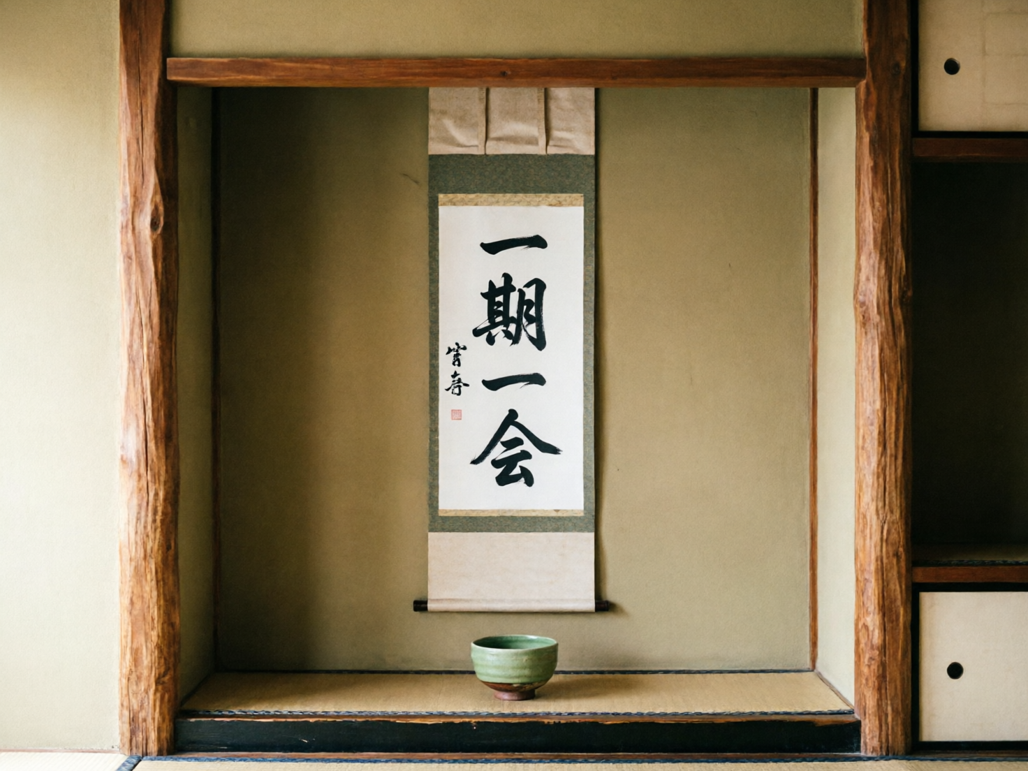 图中展示了一个充满禅意的日式茶室壁龛（床之间）。画面中心悬挂着一副竖式书法卷轴，白纸黑字书写着“一期一会”四个汉字，笔触苍劲有力，卷轴下方放置着一个青绿色的陶瓷茶碗。整个空间以温和的米黄色墙面和深色木质框架为主，营造出宁静、素雅的氛围。构图上采用了严谨的正面对称视角，光线柔和地从左侧洒入。

然而，画面中存在明显的 AI 生成缺陷：首先，卷轴上方的悬挂结构显得逻辑混乱，布料的褶皱与顶部的木梁衔接不自然，缺乏合理的物理支撑感；其次，右侧木柱的纹理过于粗糙且边缘模糊，与整体精致的风格不符；最明显的错误在于卷轴上的书法，虽然大字清晰，但左侧的小字落款笔画扭曲，呈现出无法辨认的乱码状，且下方的红色印章形状模糊，缺乏真实印泥的质感。此外，茶碗底部的阴影处理略显生硬，与地面的接触感不够真实。