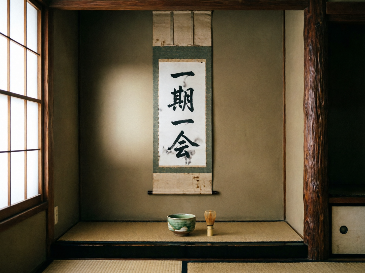 图中展示了一个充满禅意的日式茶室角落，光线柔和地从左侧的障子纸窗透入。画面中心是一处壁龛，土黄色的墙面上悬挂着一幅竖式书法卷轴，上书黑色的“一期一会”四个大字。卷轴下方平整的榻榻米上，静置着一个青绿色的陶瓷茶碗和一把浅色的竹制茶筅。整体色调以原木色、米色和灰绿色为主，营造出宁静肃穆的氛围。画面构图对称，右侧有一根粗犷的木柱，增添了自然质感。在 AI 生成细节方面，可以观察到卷轴上方的挂绳结构略显模糊且不对称，书法字体的笔画边缘存在不自然的晕染和断裂感，尤其是“期”字和“会”字的结构略有变形。此外，左侧窗户的木格栅线条在边缘处略有扭曲，墙面上的光影过渡虽然自然，但卷轴底部卷轴杆的透视角度与地面略有偏差。