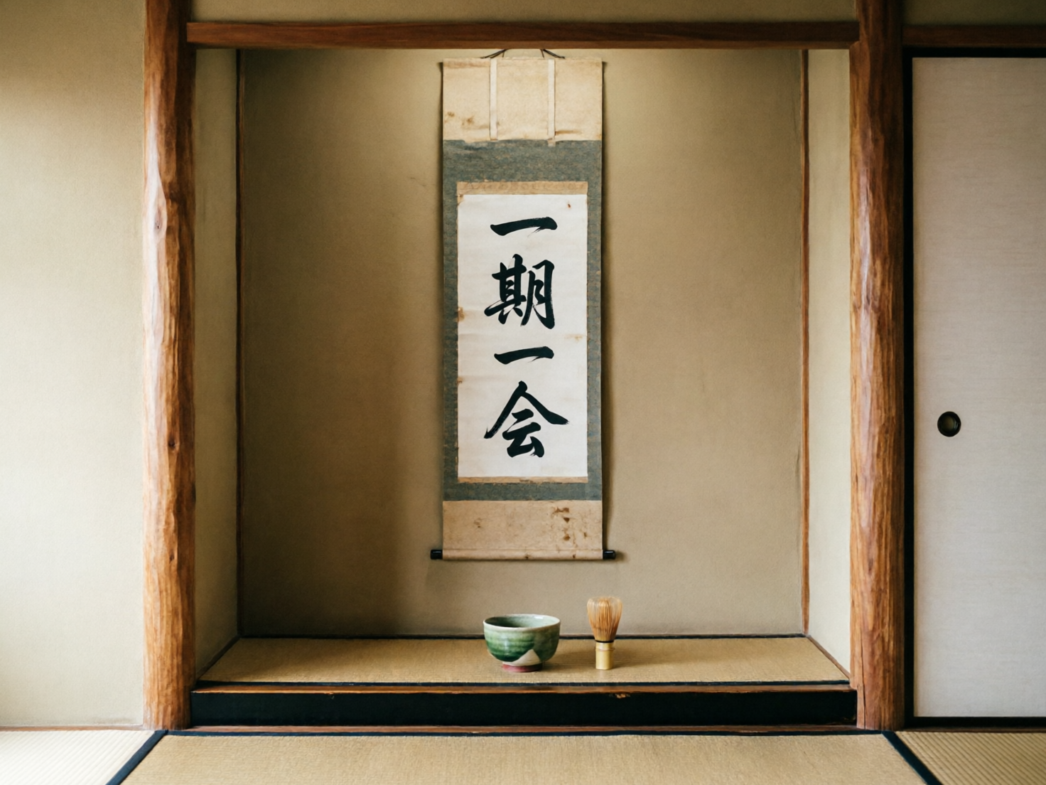 图中展示了一个充满禅意的日式茶室壁龛（床之间）场景。画面中心悬挂着一幅竖式卷轴，上面用黑色书法写着“一期一会”四个大字，纸张略显陈旧，带有自然的黄褐色斑点。卷轴下方是一个略微抬高的木质台面，上面整齐地摆放着一个青绿色的陶瓷茶碗和一个竹制的茶筅。整个空间以温润的米色、土黄色和原木色为主调，光线柔和地从左侧洒入，营造出宁静肃穆的氛围。构图对称且平衡，两侧是粗粝质感的木柱。画面中存在明显的 AI 生成缺陷：卷轴上方的悬挂绳索结构模糊且不合逻辑，似乎直接消失在墙体中；卷轴底部的黑色轴头与画轴的连接处透视略显生硬；此外，右侧拉门的圆形把手位置偏低，且门框线条与地面的衔接处不够严丝合缝。