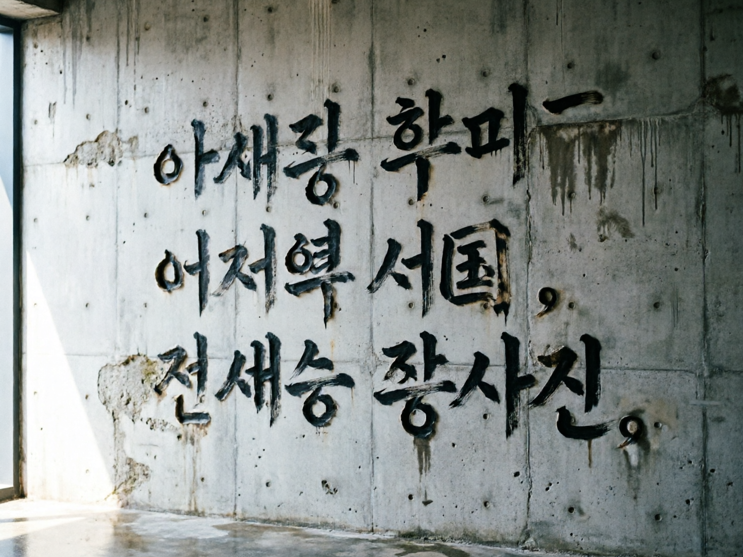 图中展示了一面粗犷的清水混凝土墙面，墙上用黑色油漆或墨水书写着三行巨大的、类似韩文的字符。墙体呈现冷灰色调，表面分布着规则的圆孔和斑驳的裂痕，左侧有明显的自然光射入，营造出一种工业废墟风或现代艺术装置的氛围。黑色字迹带有明显的毛笔笔触和液体流淌的痕迹，显得随性且具有冲击力。然而，作为一张 AI 生成的图片，画面存在明显的逻辑缺陷：墙上的字符虽然看起来像韩文，但实际上是扭曲且无意义的符号组合，并非真实的文字；部分笔画末端的流淌痕迹与重力方向不完全一致，且右侧的逗号状符号悬浮位置生硬。此外，墙面左侧的破损边缘与光影过渡显得有些不自然，缺乏真实物理环境下的细节深度。