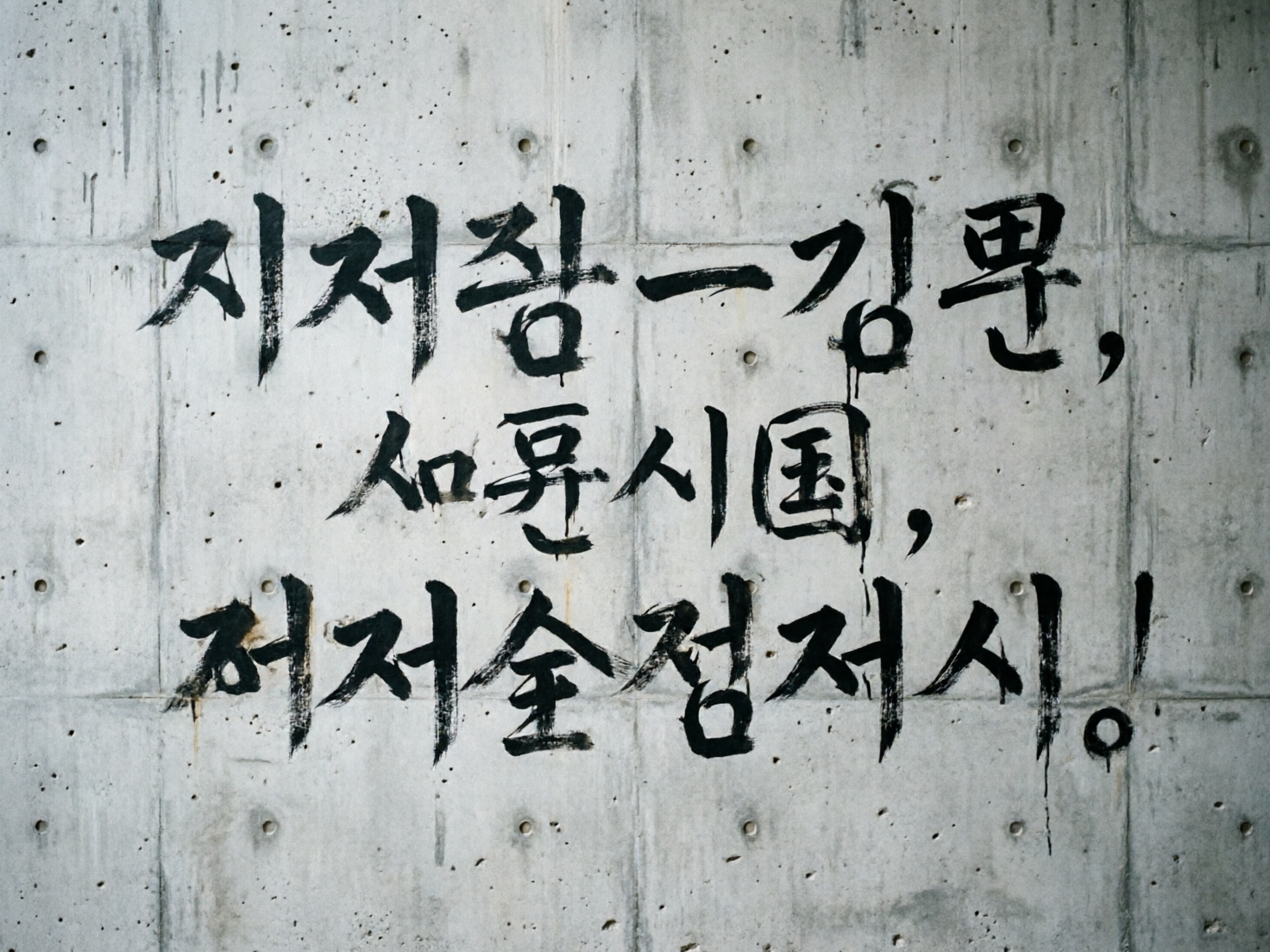 画面中是一面浅灰色的清水混凝土墙壁，墙面上整齐分布着圆形的施工孔洞，质感冷峻且带有工业风。墙的正中央用黑色毛笔书法书写了三行类似韩文的字符，笔触苍劲有力，带有明显的飞白效果和墨水滴落的痕迹。然而，这幅画作存在明显的 AI 生成缺陷：虽然字符的结构看起来非常像韩文谚文，但仔细观察会发现它们并非真实的文字，而是由 AI 随机组合而成的无意义符号，部分笔画扭曲且不符合语言逻辑。此外，墙面上的墨迹滴落方向虽然垂直向下，但部分笔触的边缘过于平滑，缺乏真实书法在粗糙水泥面上的自然渗透感。整体构图居中，色调单一，呈现出一种伪造的现代艺术气息。
