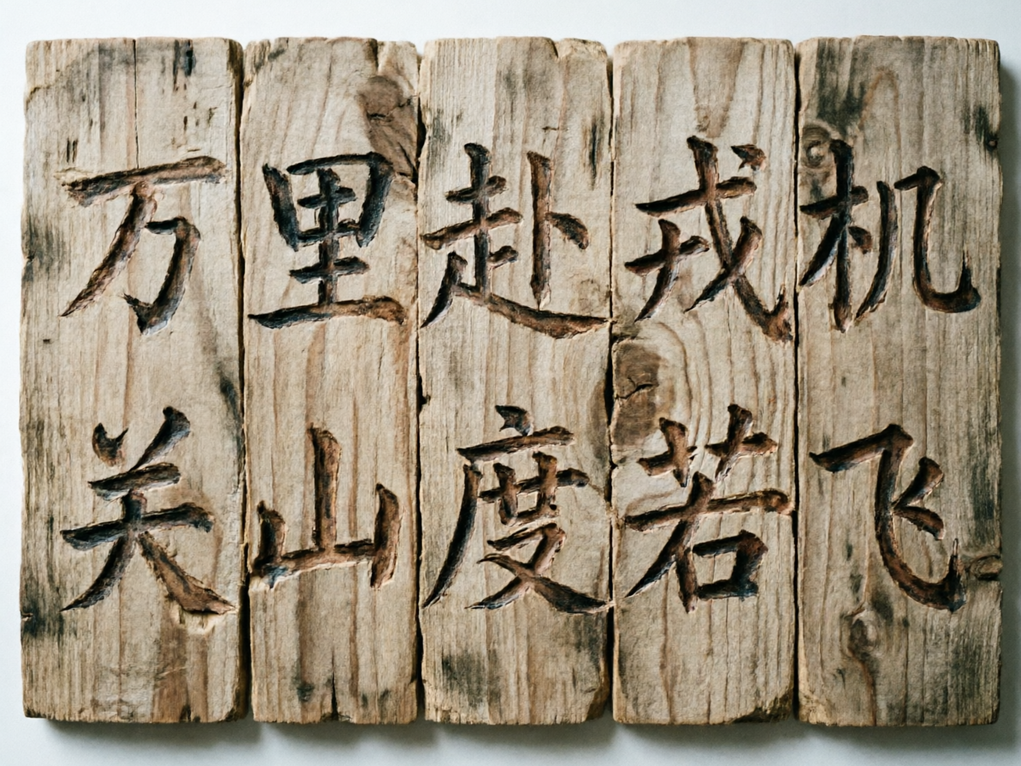 图中展示了五块垂直排列的旧木板，木板表面粗糙，带有自然的木纹、裂痕和深色的霉斑，呈现出一种饱经风霜的质感。每块木板上都刻有深色的汉字，排列方式为从左至右的纵向书写。这些文字模仿了手工雕刻的效果，笔画边缘略显不平整，内部带有焦灼的深褐色，仿佛是用烙铁或凿子加工而成。画面构图简洁，背景为纯净的浅灰色，突出了木材的原始色泽和文字的立体感。

然而，作为一张 AI 生成的图片，画面中存在明显的文字错误和逻辑缺陷。虽然文字试图表达《木兰辞》中的名句，但出现了严重的错别字和笔画混乱：第一列的“万”字笔画扭曲，第二列的“里”字下方多出了横画，第三列的“赴”字结构松散，第四列的“戎”字多出了一撇，第五列的“机”字右侧结构模糊且“飞”字笔画残缺。此外，木板之间的缝隙与文字的切割关系在透视上显得不够自然，部分笔画在跨越木板边缘时出现了断层或不合理的衔接。