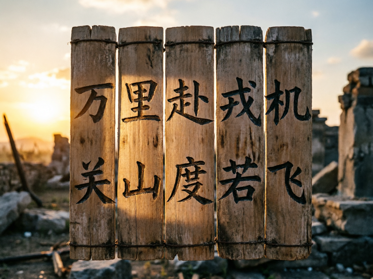 图中展示了一组悬浮在空中的木质简牍，背景是夕阳下的古战场废墟。五块粗糙的木板并排排列，上面刻有黑色的楷体汉字，内容出自《木兰辞》：“万里赴戎机，关山度若飞”。温暖的夕阳光从左侧射入，在木板上投下斑驳的光影，营造出一种苍凉而厚重的历史感。背景中可以看到模糊的乱石堆和残垣断壁，天空呈现出淡橙色与蓝色的过渡。

画面中存在明显的 AI 生成缺陷：首先，文字排列逻辑混乱，原本应纵向阅读的诗句被拆分并错位分布在不同木板上，且部分笔画结构生硬；其次，木板呈现出一种不自然的悬浮状态，缺乏支撑结构，与环境的物理衔接不合理；最后，左侧背景中出现了一根模糊且扭曲的黑色线条，形态不明，破坏了画面的透视逻辑。