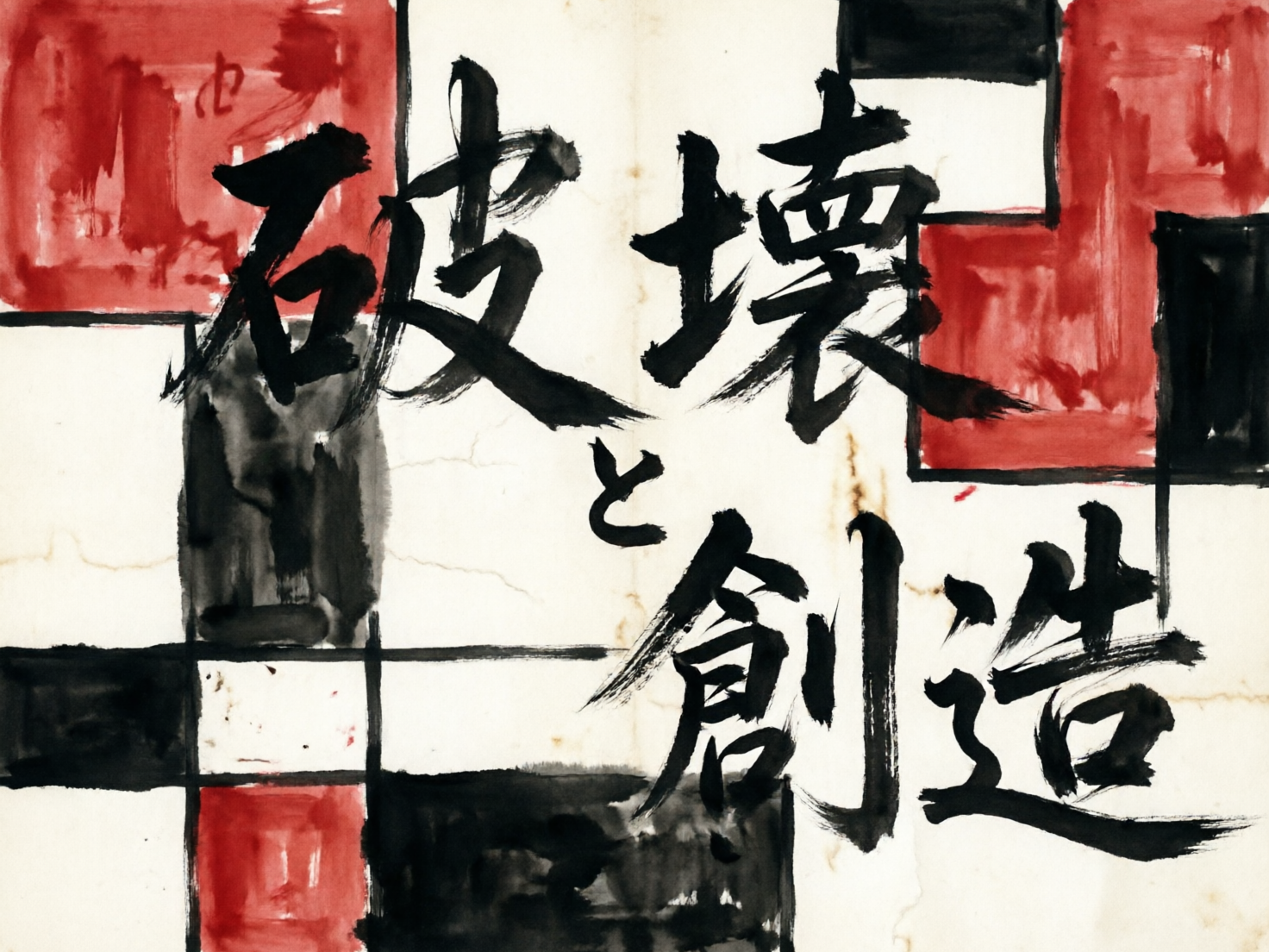 图中展示了一幅结合了现代抽象艺术与传统书法的视觉作品。背景采用了类似蒙德里安风格的几何构图，由粗细不一的黑色线条勾勒出多个矩形色块，并填充了深红色、黑色以及带有做旧质感的米白色。画面中心是五个巨大的毛笔书法汉字，字迹苍劲有力，带有明显的飞白效果，内容为繁体中文和日文混排的“破壞と創造”（破坏与创造）。构图上，文字略微倾斜，打破了背景几何线条的严整感。

作为 AI 生成的图像，画面中存在一些明显的逻辑缺陷：首先是文字结构问题，“破”字的左侧石字旁笔画断裂且形状扭曲，“壞”字的右下部分笔画模糊，呈现出无意义的墨迹堆叠，“創”字的立刀旁与左侧主体连接方式生硬。此外，背景的色块边缘处理不自然，部分红色墨迹出现了不符合逻辑的渗漏和重叠，纸张的褶皱纹理在文字上方显得过于机械，缺乏真实宣纸的纤维质感。