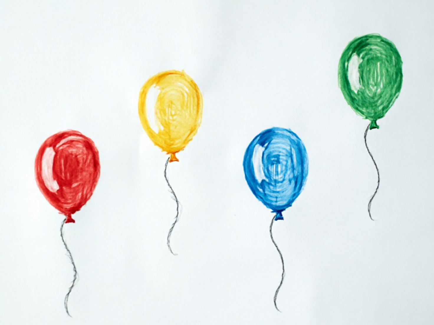 画面中展示了一幅模仿蜡笔或水彩笔触的手绘风格画作，背景是纯净的白色。四个色彩鲜艳的气球从左向右呈波浪状高低错落地排列着，颜色依次为红色、黄色、蓝色和绿色。每个气球的球体都运用了粗犷的涂抹笔触，边缘留有不规则的白边以模拟光泽感。气球下方各系着一根细长且弯曲的黑色线条，模拟随风飘动的绳子。构图简洁明快，色彩对比强烈，整体呈现出一种稚嫩的童趣感。

在 AI 生成的细节方面，存在一些明显的逻辑缺陷：首先，气球下方的黑色绳子与气球底部的连接处显得非常生硬，线条像是直接悬浮在气球下方，缺乏真实的物理系结感；其次，气球的形状并不圆润，边缘线条断断续续，且绳子的粗细分布不均，部分线条末端出现了不自然的重叠和分叉，体现了 AI 在处理简单线条衔接时的局限性。