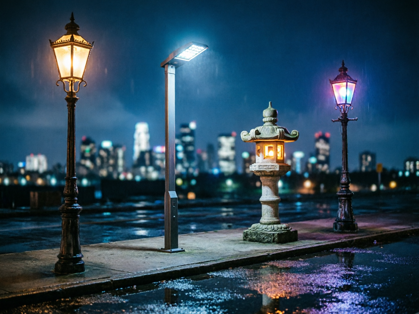 图中展示了一个雨后的夜晚城市景观，四盏风格迥异的灯具在湿漉漉的地面旁一字排开。从左至右分别是：一盏散发着暖黄色光芒的欧式复古路灯，一盏发出冷白色强光的现代简约LED路灯，一座散发着微弱橙光的石制日式灯笼龛，以及一盏透着紫色和蓝色奇幻光泽的装饰性路灯。背景是模糊的城市天际线，高楼大厦的灯火与深蓝色的夜空交相辉映。地面上有明显的积水，倒映着各种灯具的色彩，营造出一种潮湿而静谧的氛围。

画面中存在明显的 AI 生成缺陷：最右侧紫色路灯的底座与地面衔接处显得模糊且不自然；中间现代路灯的灯头结构略显生硬，缺乏真实的物理细节；背景中的摩天大楼轮廓过于模糊且形状扭曲，不符合真实的城市透视。此外，四种跨越时空与文化的灯具如此密集地排列在同一条路边，在现实逻辑中显得较为突兀。