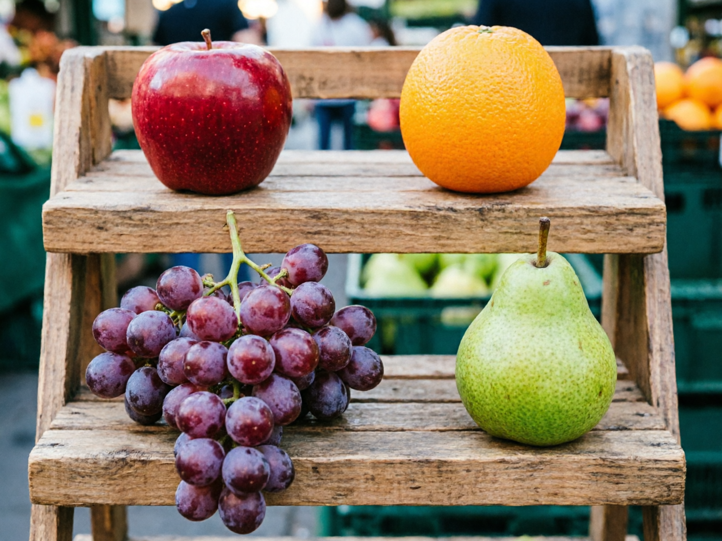 图中展示了一个木制的两层阶梯式陈列架，上面摆放着四种色彩鲜艳的水果，背景是模糊的户外市场。架子的上层左侧是一颗深红色的苹果，表皮带有细微的光泽；右侧是一颗圆润的橙子，橙色表皮质感粗糙。下层左侧是一大串紫红色的葡萄，果实饱满，带有自然的白霜；右侧则是一颗翠绿色的梨，形状上窄下圆。整个画面构图对称，光线明亮自然，色彩饱和度较高，给人一种新鲜诱人的感觉。

在 AI 生成的细节方面，存在一些明显的逻辑缺陷：首先，下层的葡萄串看起来像是“悬浮”在木架边缘，其顶部的梗并没有真实地接触或支撑在任何平面上，缺乏合理的重力支撑点。其次，木架的构造略显生硬，阶梯的边缘线条在与水果接触的地方显得不够自然。此外，背景中模糊的人物和货架轮廓略显杂乱，部分色块的衔接不够平滑。