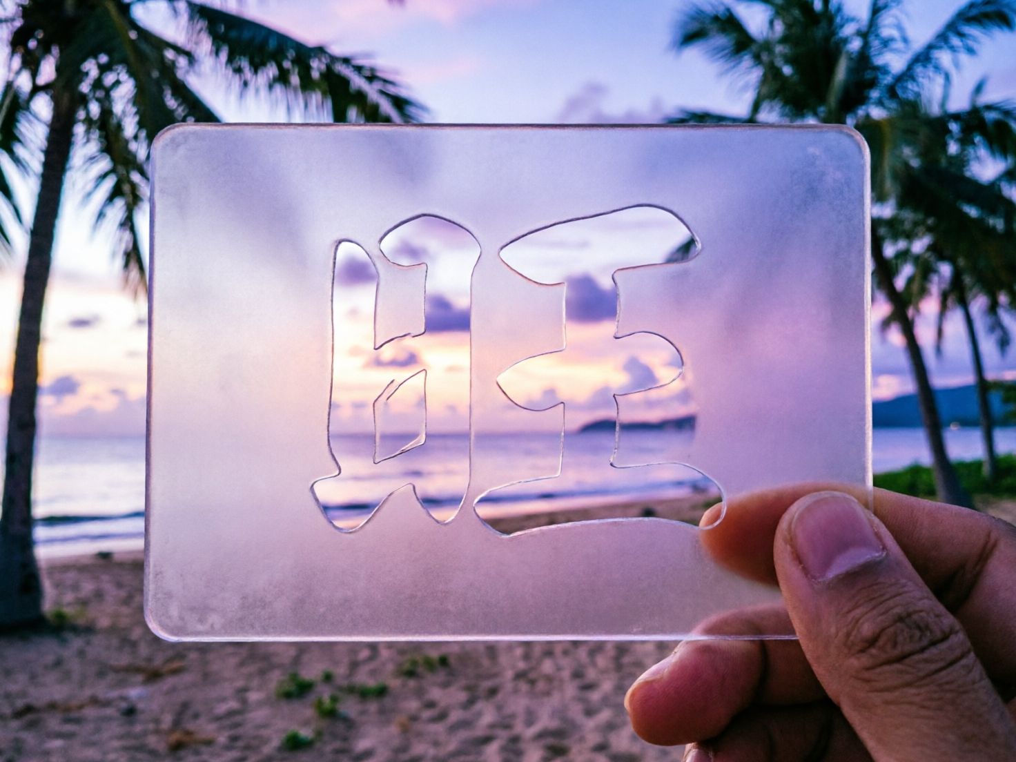 图中展示了一幅在海边落日余晖下拍摄的创意照片。画面中心是一只肤色较深的手，正捏着一块半透明的磨砂质感矩形薄板。薄板中间被镂空刻出了一个汉字，透过这个镂空的字形，可以看到背景中被虚化的海滩、晚霞和椰子树。背景色彩以梦幻的紫色、粉色和金黄色为主，营造出一种宁静而浪漫的热带风情。

然而，画面中存在明显的 AI 生成缺陷：首先，薄板中心镂空的汉字结构极其混乱，看起来像是“旺”字的变形，但笔画断裂且不符合汉字书写逻辑，呈现出一种扭曲的符号感。其次，持板的手部细节处理不自然，大拇指的指甲形状略显畸形，且手指与薄板边缘的接触位置缺乏真实的物理压痕与透视关系。此外，薄板左侧边缘似乎凭空悬浮，缺乏支撑点，与手部的握持姿势在力学上并不协调。