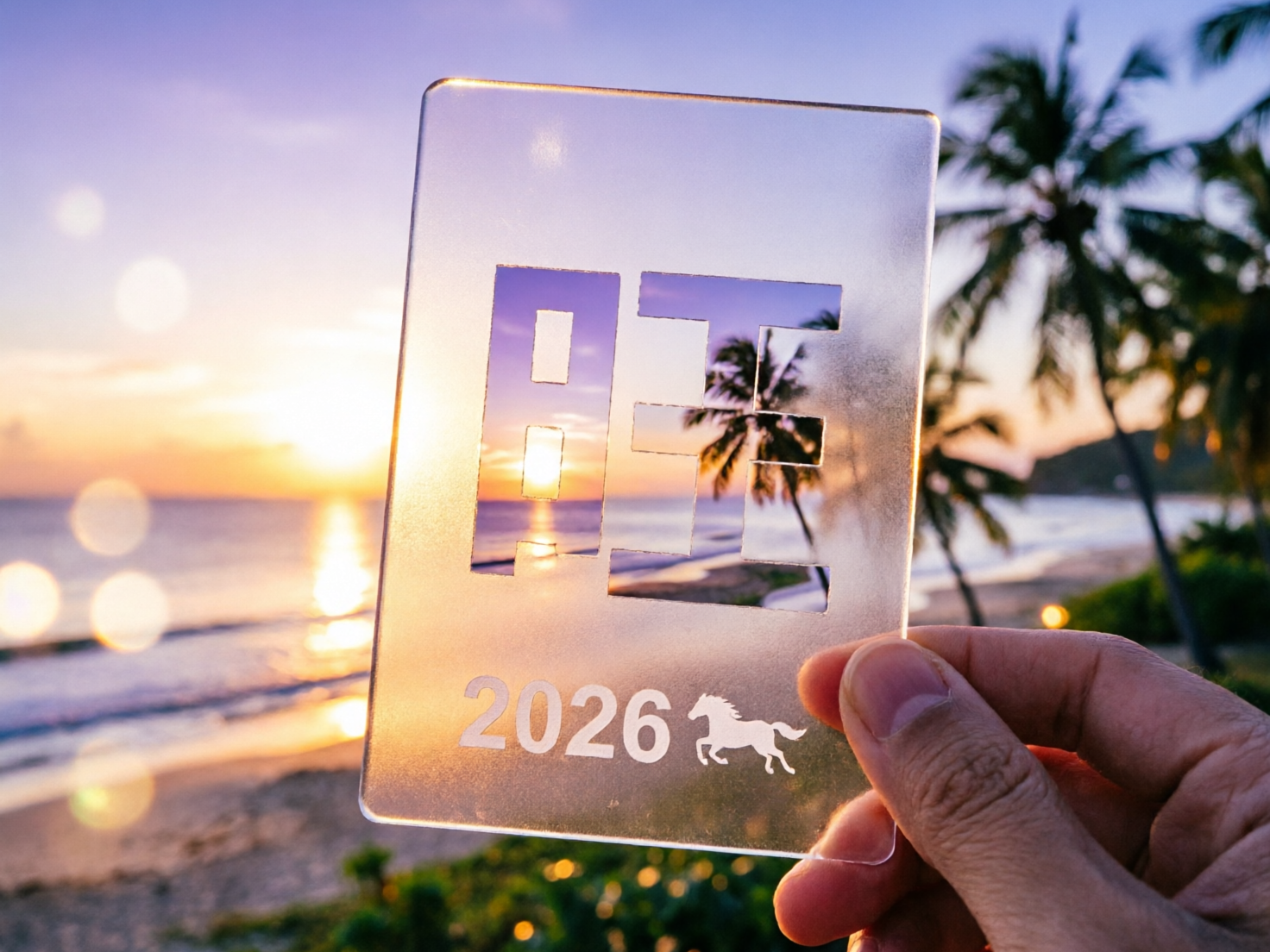 图中展示了一只手拿着一块半透明的磨砂质感卡片，背景是宁静的海滩日落。夕阳将天空染成淡紫色和橙黄色，海面上波光粼粼，右侧矗立着几棵高大的棕榈树。卡片中心镂空刻有一个巨大的汉字“旺”，通过镂空处可以看到背景中的夕阳和海景。卡片下方印有白色的数字“2026”和一匹奔跑的马的剪影。整体色调温暖且富有希望。

在 AI 生成的细节方面，存在明显的逻辑错误：首先，镂空汉字“旺”的左侧“日”部中间的横杠悬空连接，不符合物理结构；其次，持卡的手部细节不够自然，大拇指的指甲形状略显生硬，且手指与卡片接触的边缘处理较为模糊。此外，背景中的光斑（虚化效果）分布略显刻意，缺乏真实的镜头光学感。
