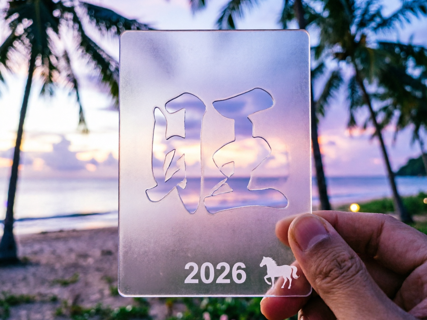 图中展示了一只右手捏着一张半透明磨砂质感的矩形卡片，背景是黄昏时分的宁静海滩。卡片中心镂空刻有一个巨大的汉字，虽然形似“旺”字，但由于 AI 生成的笔画扭曲，左侧的“日”部和右侧的“王”部结构均不规范，呈现出一种无法辨认的变形感。卡片底部印有白色的数字“2026”和一个马形的剪影。背景中，落日的余晖将天空染成淡紫色和橙黄色，远处是模糊的海面、沙滩和几棵高大的椰子树，构图具有纵深感。画面存在明显的 AI 生成缺陷：最显著的是镂空汉字的笔画断裂且逻辑错误，完全不符合汉字书写规范；此外，手持卡片的手指边缘略显生硬，指甲盖的形状与透视略有不自然，卡片下方的马形图案细节也较为模糊。