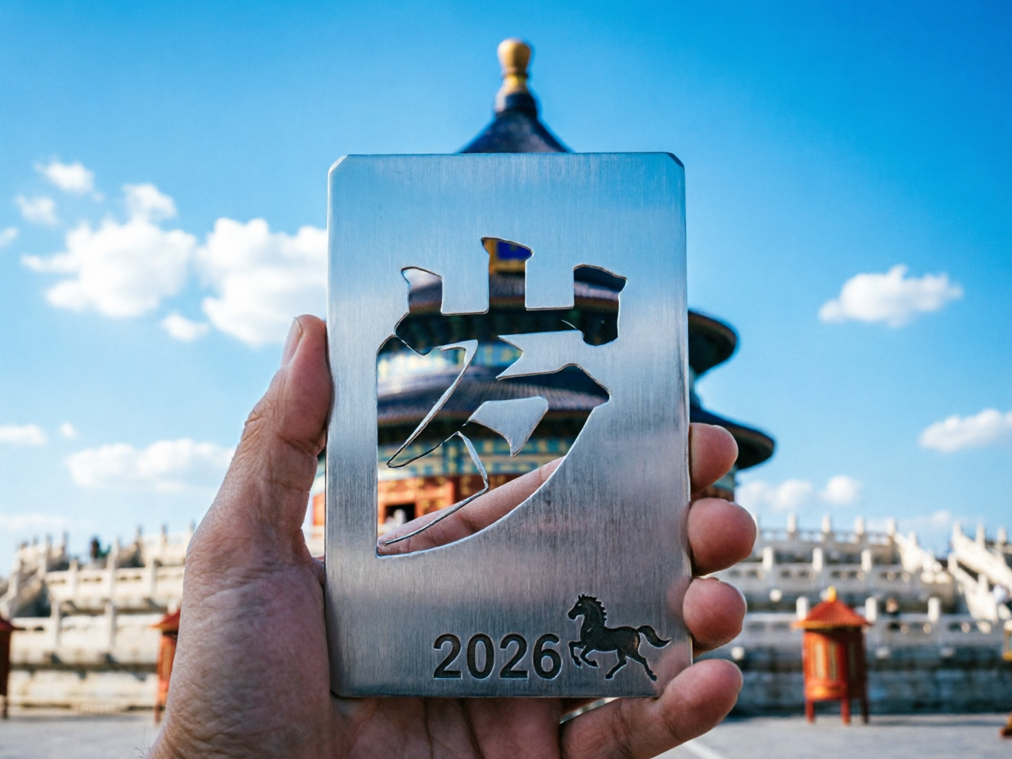 图中展示了一只左手握着一块长方形金属镂空板，背景是北京天坛祈年殿。金属板表面呈现拉丝质感，中心镂空出一个巨大的汉字，其形状介于“岁”与“步”之间，结构并不标准。板子右下角刻有数字“2026”和一匹奔马的剪影。背景中的天坛建筑被虚化，蓝天白云清晰可见，阳光从侧面照射，在手上留下阴影。画面存在明显的 AI 生成缺陷：首先，手部结构异常，大拇指过长且关节僵硬，食指缺失，其余手指的排列与握持姿势不符合人体解剖学；其次，金属板中心的汉字笔画断裂且逻辑混乱，无法辨认确切含义；最后，背景天坛的细节模糊且透视略显扭曲，与前景金属板的边缘衔接不够自然。