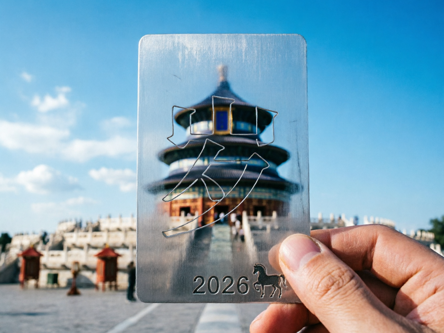 图中展示了一只右手拿着一张长方形金属镂空卡片，背景是北京天坛祈年殿。画面构图以卡片为中心，背景在蓝天白云下显得十分宏伟。金属卡片表面有拉丝质感，中心镂空了一个巨大的汉字，其轮廓试图模仿“梦”字，但笔画结构并不标准。卡片右下角刻有数字“2026”和一个小马形状的剪影。透过卡片的镂空部分，可以清晰地看到背景中祈年殿的蓝色圆顶和红色柱廊。

画面中存在明显的 AI 生成缺陷：首先，卡片中心的汉字并非真实的汉字，笔画断裂且逻辑混乱，无法正常辨认。其次，手持卡片的手指比例略显僵硬，指甲边缘处理不够自然。此外，背景中祈年殿的细节与真实建筑相比有所简化，且卡片边缘与背景的透视衔接略显生硬，数字“2026”的刻痕深度在金属表面分布不均。整体色调明亮，呈现出一种超现实的创意摄影风格。