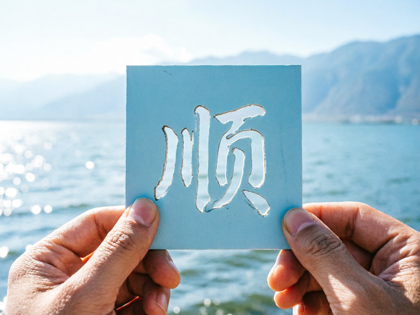 图中展示了一双人手在户外美景前举起一张浅蓝色正方形纸片的场景。背景是波光粼粼的蓝色湖泊和远方连绵的淡蓝色山脉，阳光明媚，水面闪烁着白色的光点。纸片中心被镂空剪出了一个汉字“顺”，光线透过镂空处，使字体显得明亮。画面构图对称，双手分别从左右两侧捏住纸片的下角。

在 AI 生成的细节方面，存在明显的逻辑缺陷：首先，镂空的汉字“顺”在物理上是不成立的，字体的封闭区域（如“页”字部首的内部）在没有连接点的情况下竟然悬浮在空中，不符合剪纸的常识。其次，手部细节略显生硬，左侧大拇指的指甲形状不够自然，且纸片的边缘切割痕迹显得有些杂乱且不连贯。整体色调清新，但光影逻辑在镂空边缘处略显模糊。