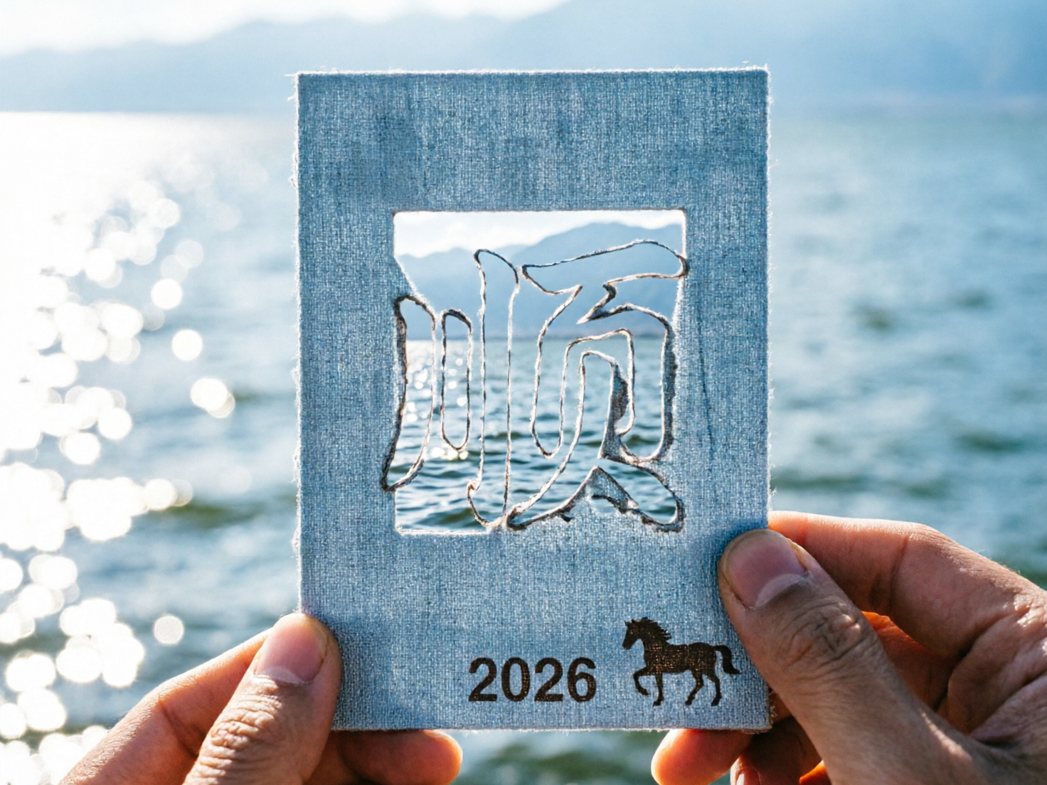 画面中，一双手正举着一张浅蓝色布质纹理的卡片，背景是波光粼粼的湖面和远处的淡蓝色山脉。卡片中心被镂空雕刻出一个汉字“顺”，通过字体的缝隙可以看到后方闪烁的湖水，寓意生活顺遂。卡片底部印有数字“2026”和一匹奔马的剪影。整体色调清新明亮，阳光在水面上形成耀眼的白色光斑。

然而，这张 AI 生成的图片存在明显的逻辑缺陷：首先，卡片中心的“顺”字在物理结构上是不合理的，许多笔画（如右侧的“页”字部分）完全悬空，没有任何连接点支撑却能固定在框架内，违背了现实中的剪纸或镂空原理。其次，持卡人的手指细节略显生硬，指甲边缘与卡片的接触位置存在轻微的透视重叠异常。此外，卡片边缘的布料纤维感在放大后显得有些杂乱且不自然。