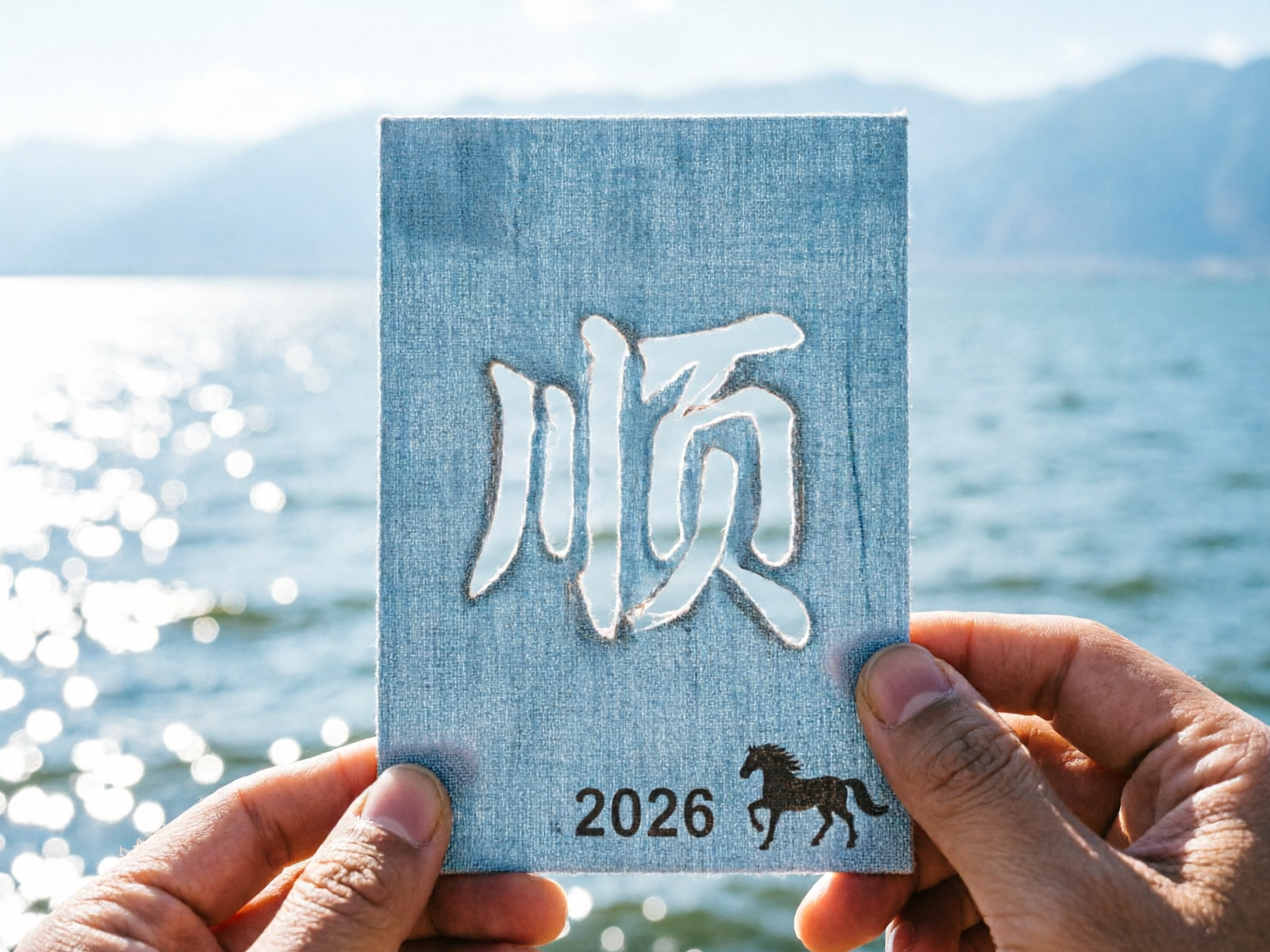 图中展示了一双人手正举着一张浅蓝色布质纹理的卡片，背景是波光粼粼的湖面和远处的淡蓝色山峦。卡片中心镂空刻有一个巨大的简体汉字「顺」，镂空边缘带有轻微的焦灼感。卡片底部印有数字「2026」和一匹奔马的黑色剪影。阳光从左侧照射，使湖面泛起密集的白色光斑，整体色调清新明亮。

在 AI 生成的细节方面，存在明显的逻辑缺陷：首先是手部处理，左侧大拇指的指甲形状异常且指节纹路生硬，右侧手掌与卡片接触的位置透视不合理，手指显得过于粗短且比例失调。其次，镂空的「顺」字结构存在问题，左侧「川」字部首与右侧「页」字部首之间有不自然的细线连接，且「页」字内部的笔画镂空并不完整，不符合物理切割逻辑。此外，2026 年在农历中并非马年（应为马年的前一年），这里的元素组合在文化逻辑上存在偏差。