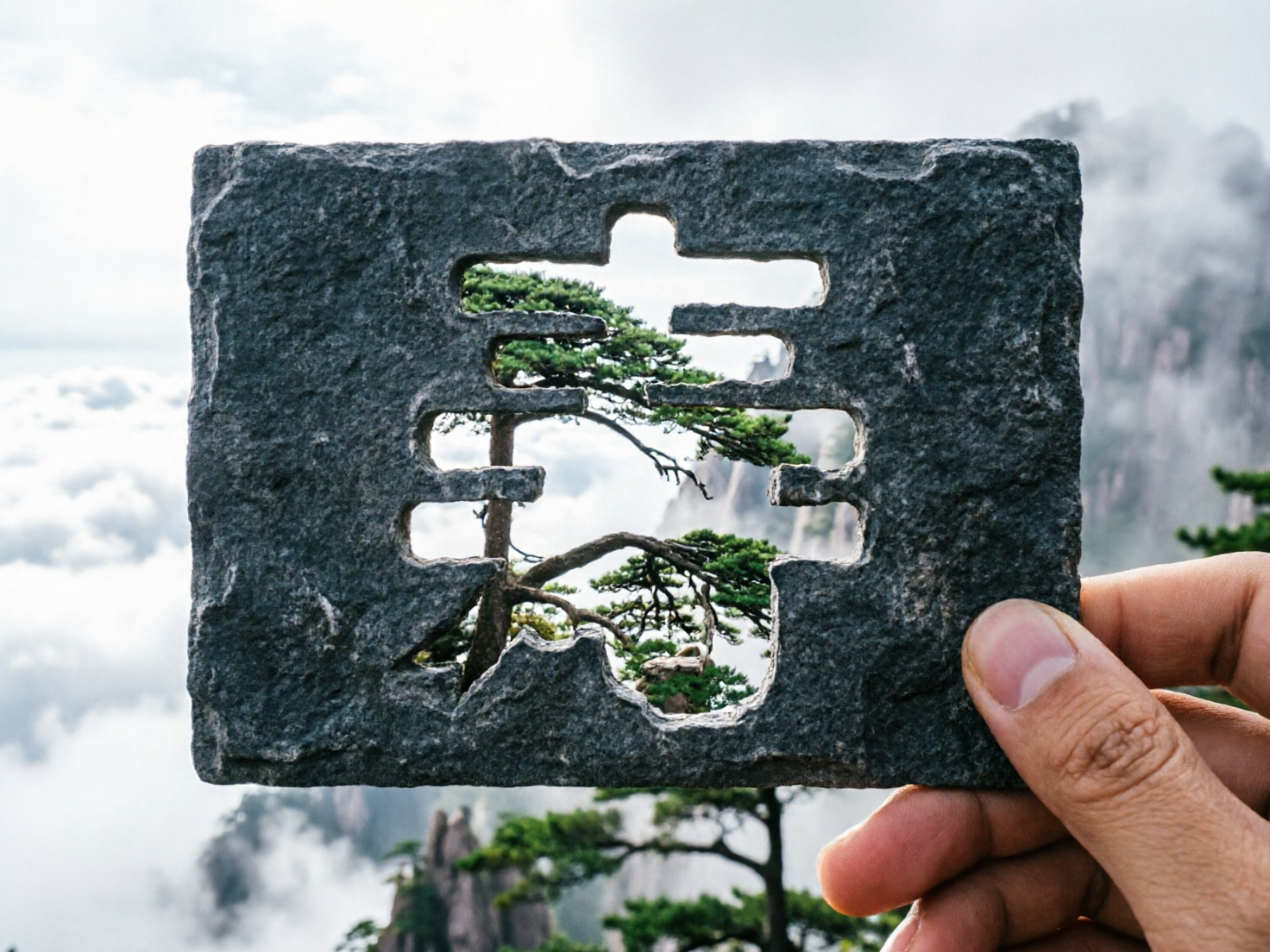 图中展示了一幅极具创意的自然景观摄影。画面中心，一只肤色偏深的手捏着一块深灰色的长方形粗糙石板。石板中心被镂空刻出了一个复杂的汉字形状（形似“寿”字的变体），透过这个镂空的字形，可以清晰地看到背景中一棵生长在悬崖边的苍劲松树。背景是烟雾缭绕的黄山风格奇峰，云海洁白如雪，与深色的石板形成鲜明对比。整体色调清新自然，构图巧妙地将人造艺术与自然美景融合。

在 AI 生成的细节方面，存在明显的逻辑缺陷：首先，石板镂空处的松树枝干与背景中的树木在空间透视上并不完全吻合，看起来更像是贴在石板后的照片而非实景。其次，持物的手部细节略显生硬，指甲形状不够自然，且石板左侧似乎悬浮在空中，缺乏合理的支撑受力点。最显著的问题在于镂空的汉字结构并不规范，存在笔画断裂和逻辑错误的变形。