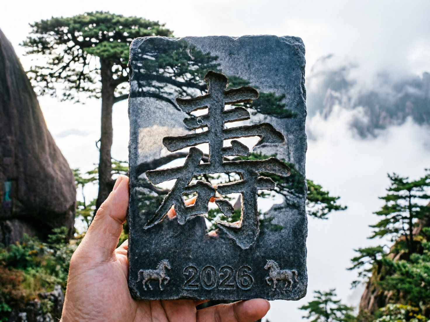 画面中，一只手在云雾缭绕的山巅背景下，举起一块深灰色的长方形石板。石板中心镂空雕刻着一个巨大的繁体“寿”字，透过镂空处可以看到背景中标志性的黄山迎客松。石板下方刻有数字“2026”，两侧各有一只浮雕小马。背景是雄伟的奇峰怪石和翻腾的云海，色调清新自然，充满中式意境。

然而，画面存在明显的 AI 生成缺陷：首先是文字错误，石板上的繁体“寿”字结构混乱，笔画多处断裂且不符合书法逻辑，底部甚至出现了一个多余的类似“石”字的结构；其次是手部异常，握住石板的手指比例不协调，指尖与石板边缘的接触显得生硬且透视不准；最后，石板上的“2026”数字刻痕深浅不一，且左侧的小马浮雕细节模糊，与整体石材纹理融合得不够自然。