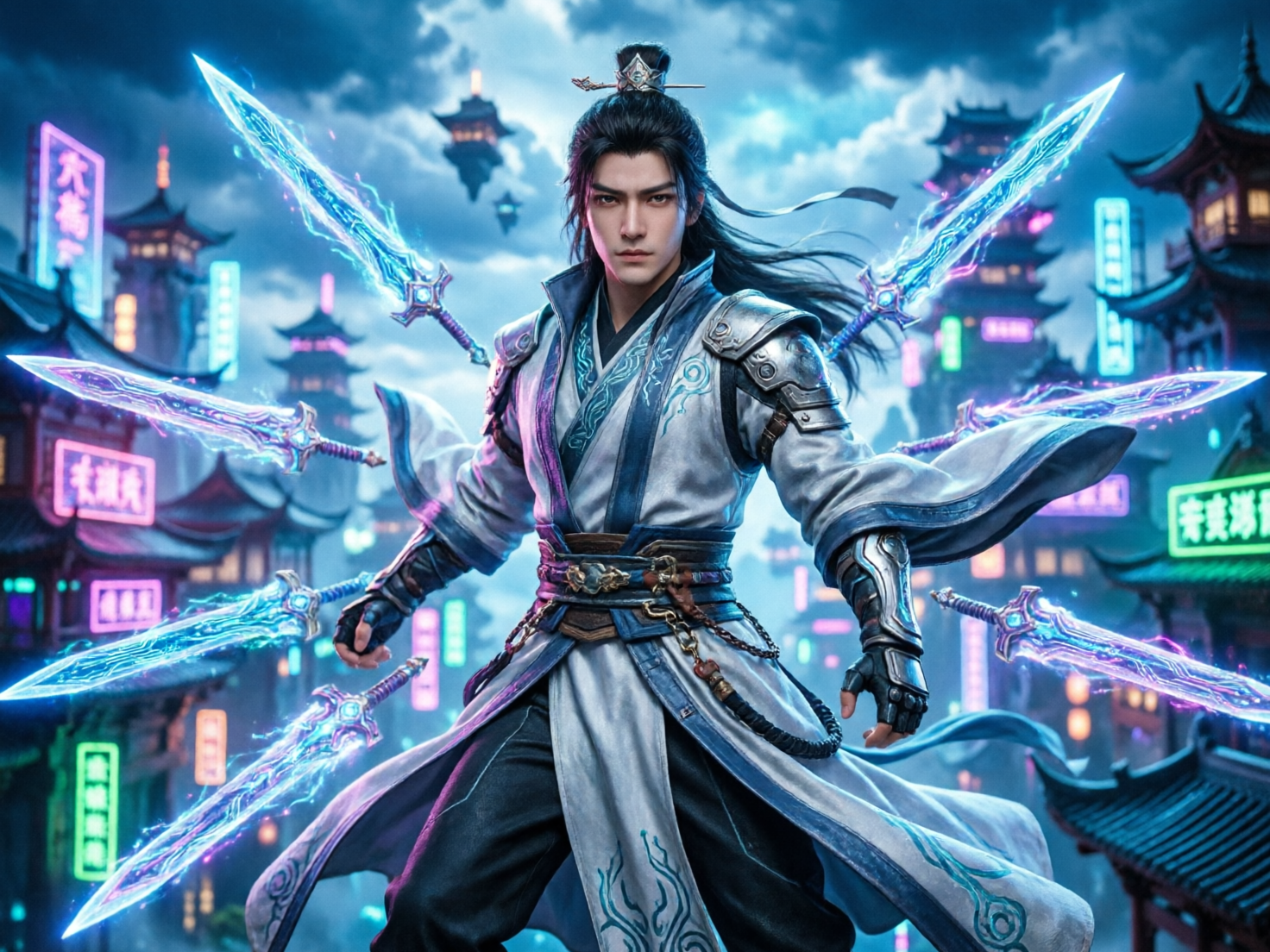 图中展现了一位融合了仙侠与赛博朋克风格的年轻男性剑客。他位于画面中央，束着高发髻，身着白蓝相间的精致古风长袍，肩部覆有金属护甲。他的身体周围环绕着八把散发着蓝色和紫色电光的半透明灵剑，呈放射状悬浮。背景是一个充满奇幻色彩的夜晚城市，古色古香的亭台楼阁与闪烁的霓虹灯牌交织在一起，天空中还漂浮着几座微型仙山。整体色调以冷蓝色和紫色为主，光影对比强烈。

在 AI 生成的细节方面，存在一些明显的逻辑缺陷：人物右手握拳的姿势略显僵硬，手指线条模糊；背景建筑上的霓虹灯文字均为无法辨认的乱码符号，缺乏实际含义；悬浮灵剑的剑柄设计并不统一，且部分剑刃与背景建筑的透视衔接略显生硬。此外，人物腰间的配饰链条在结构上有些混乱，缺乏合理的物理垂坠感。