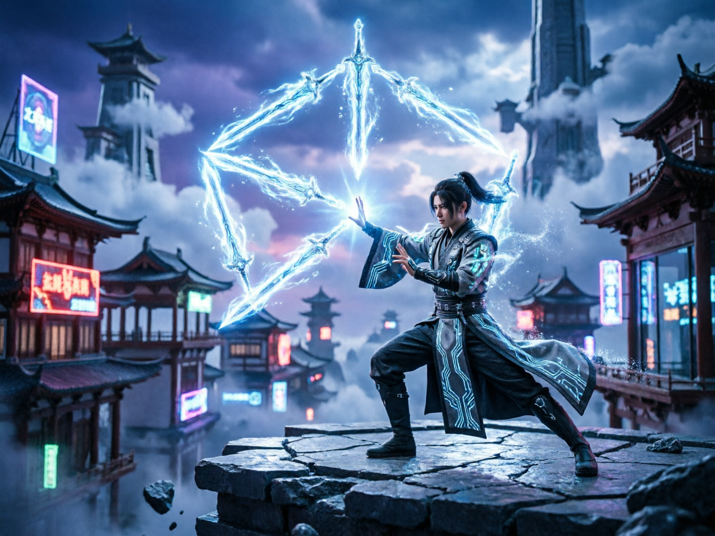 图中展现了一幅融合了仙侠与赛博朋克风格的奇幻场景。画面中央是一位束着高马尾、身着深灰色古风长袍的年轻男子，他正摆出弓步施法的姿态。他的长袍上布满了发光的蓝色电路纹路，右手向前伸出，掌心释放出耀眼的蓝色电光，汇聚成一个由六把光剑组成的菱形阵法。背景是云雾缭绕的悬浮古建筑群，红色的飞檐斗拱与闪烁的霓虹灯招牌交相辉映，天空呈现出深邃的紫蓝色。

在 AI 生成细节方面，画面存在明显的逻辑缺陷：男子的左手手指比例失调且扭曲，与法阵的衔接显得生硬；背景建筑上的霓虹灯文字均为模糊且无意义的乱码符号；此外，男子身后背负的长剑与身体的透视关系不够自然，仿佛悬浮在空中。整体构图虽然宏大，但光影在人物边缘的过渡略显毛糙。