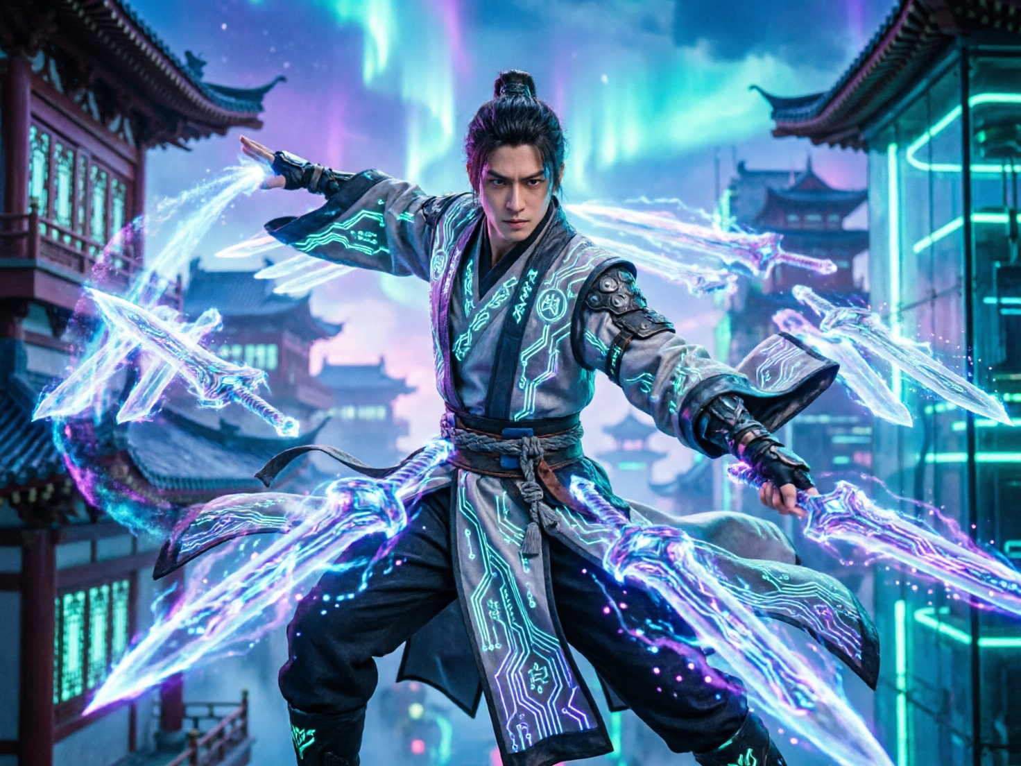 图中展现了一位融合了仙侠与赛博朋克风格的年轻男性战士。他身处古色古香的建筑群中，背景是绚丽的青紫色极光天空。男子扎着发髻，身穿灰色长袍，袍子上布满了发光的青色电子线路纹样。他摆出战斗姿态，身体周围环绕着多把由淡紫色和青色能量构成的半透明光剑，光影效果极具动感。画面色彩以冷色调的蓝、紫、青为主，营造出一种奇幻的科技修仙氛围。

在 AI 生成细节方面，存在明显的逻辑缺陷：男子的左手（画面右侧）握持光剑的方式非常诡异，手指与剑柄的融合显得模糊且不自然；右手（画面左侧）向后伸出，指尖处生硬地连接着光剑能量，且手指数量和关节透视存在扭曲。此外，背景建筑的窗户光影与前景人物的科技感线条在精细度上略显不统一，部分悬浮光剑的剑柄结构模糊不清。