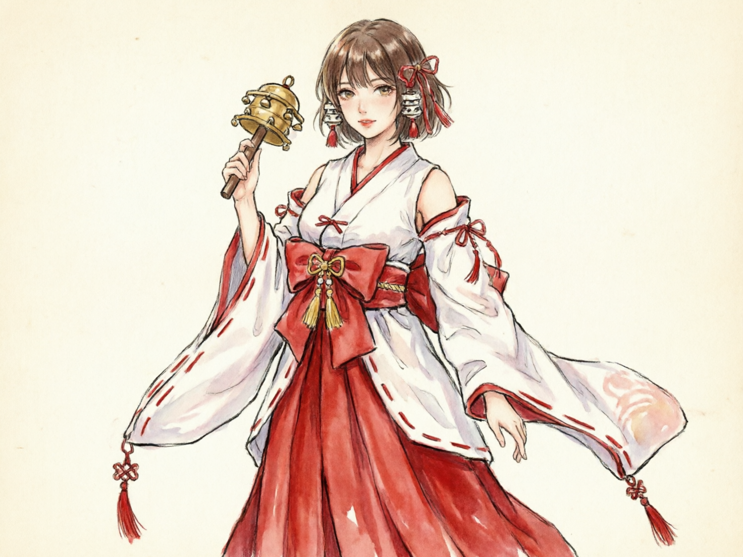 图中展示了一位具有日式奇幻风格的年轻女性角色，背景为纯净的米白色，整体呈现出细腻的水彩手绘质感。这位女性留着棕色短发，发间点缀着红色丝带和类似灯笼的小饰物。她身穿一套改良版的巫女服饰，上衣为白色，腰间系有巨大的红色蝴蝶结，下身则是鲜艳的红色褶裙。她右手高举着一把金色的神乐铃，左手自然垂下。画面的色调以白、红、金为主，给人一种庄重而灵动的感觉。

在 AI 生成的细节方面，存在一些明显的逻辑缺陷：首先，人物右手握住铃铛柄的方式显得生硬，手指的关节连接不够自然，且铃铛顶部的金属结构略显扭曲。其次，左侧袖口的红色缝线排布不均，且袖子末端的红色中国结挂饰与整体日式风格略有冲突。此外，人物左手的指尖处理较为模糊，缺乏清晰的轮廓。尽管如此，画面的光影过渡依然柔和，展现了极高的艺术美感。