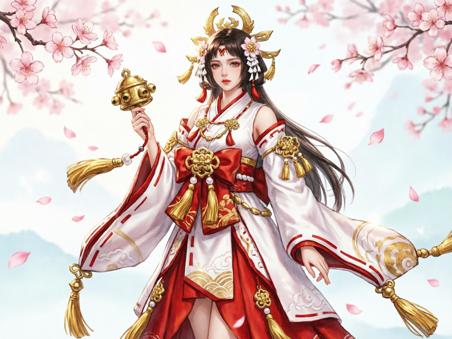 图中展示了一位身着华丽红白服饰的东亚风格女性，她站在盛开的粉色樱花树下，背景是淡雅的水墨风山峦，整体色调明亮且富有神圣感。女子头戴精致的金红色发冠，长发披肩，面容清秀。她穿着改良版的巫女服，腰间系着巨大的红色蝴蝶结，点缀着金色流苏。她右手高举一把金色的神乐铃，左手自然垂下。画面中花瓣随风飘落，构图居中，呈现出一种静谧而庄严的氛围。

在 AI 生成的细节方面存在一些明显的缺陷：首先是手部处理异常，女子右手握住神乐铃的方式不合逻辑，手指显得僵硬且结构模糊，左手手指的长度和关节分布也略显不自然。其次，神乐铃的造型缺乏对称性，金属质感分布不均。此外，衣服上的金色装饰物和流苏在透视上有些混乱，部分线条与布料的褶皱衔接不够自然，呈现出一种拼贴感。