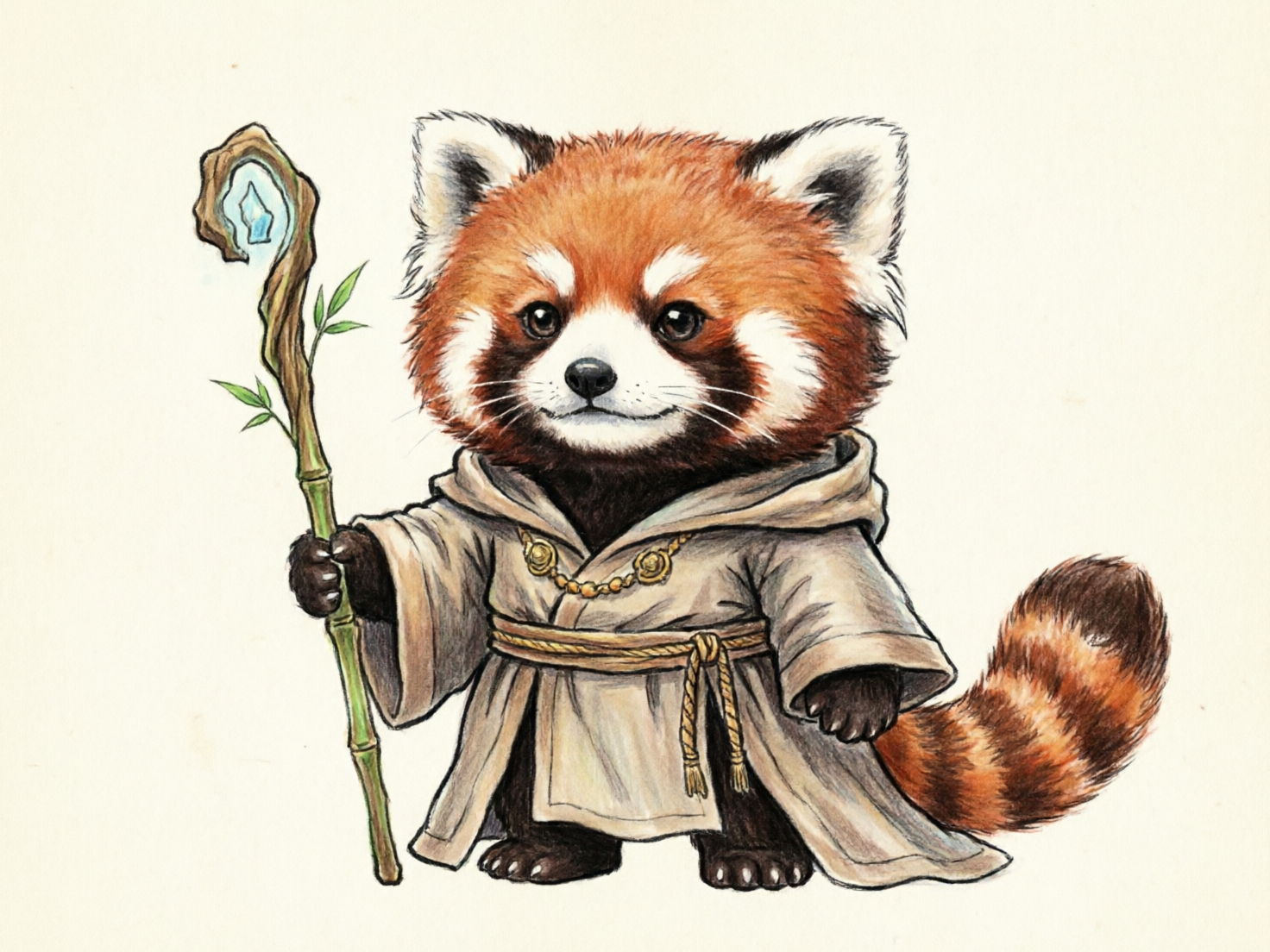 图中展示了一只拟人化的小熊猫，它被描绘成一位奇幻世界中的法师或贤者。这只小熊猫拥有标志性的红褐色皮毛、白色的眉斑和脸颊，以及一条粗壮且带有环状花纹的尾巴。它身穿一件质朴的浅灰色连帽长袍，腰间系着麻绳状的腰带，领口处挂着金色的装饰链条。它的右手握着一根由竹节和枯木构成的法杖，法杖顶端镶嵌着一颗发光的蓝色晶石，并点缀着几片嫩绿的叶子。整幅画采用细腻的手绘素描风格，背景为纯净的米白色纸张质感。在 AI 生成的细节方面，存在一些逻辑缺陷：小熊猫右手握住法杖的爪子结构模糊，指节数量不清晰；左手袖口露出的爪子呈不自然的球状；此外，法杖顶部的木质纹理与下方的竹节衔接显得有些生硬，缺乏自然的生长逻辑。